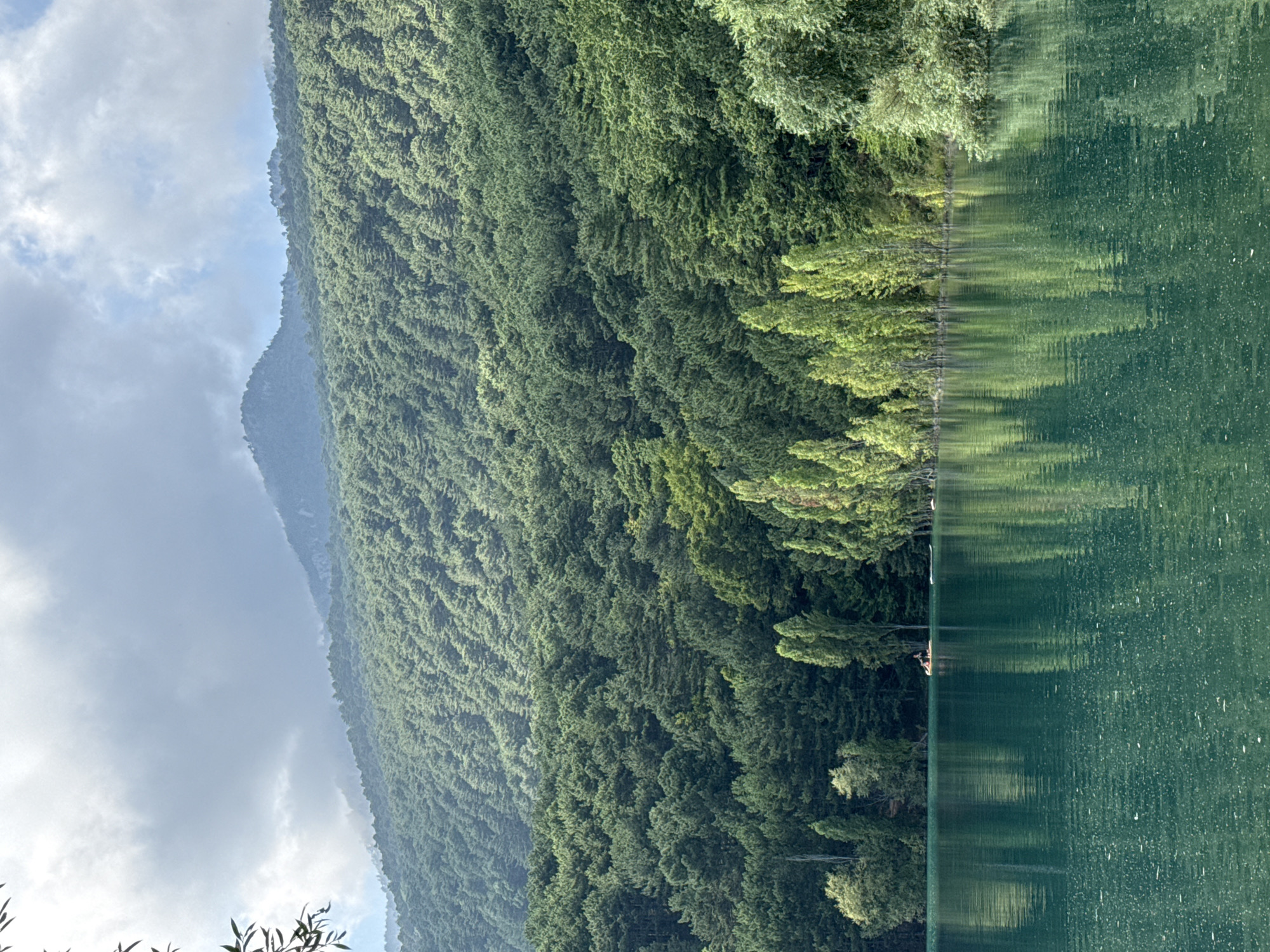 The image depicts a serene natural landscape with a calm, turquoise lake in the foreground. The lake's surface is slightly rippled, reflecting the lush green trees that line its shore and the verdant mountains that rise in the background. The mountains are densely covered with a variety of trees, creating a textured, undulating green carpet that stretches towards the sky. The sky above is partially obscured by clouds, with patches of blue peeking through, suggesting a day with mixed weather. In the middle ground, a small raft with two individuals can be seen on the lake, indicating recreational activity. The overall scene conveys a sense of tranquility and natural beauty. There is no specific identifiable landmark or architectural element that would suggest a location within the city of Unknown, Ukraine.