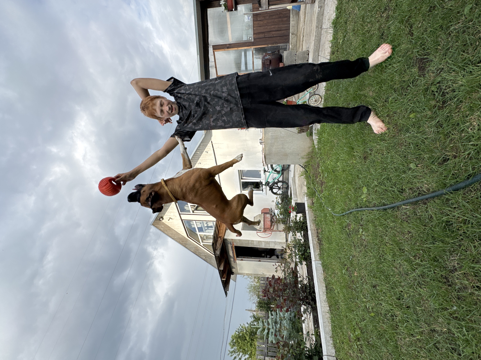 A young, fair-skinned male with ginger hair, wearing a dark camouflage t-shirt and black pants, stands barefoot on a grassy lawn. He has his hands raised above his head, with his right arm extended. A brown dog, mid-air, is being held by its front legs by the boy's right hand, with its body extended upwards. The dog is wearing a yellow collar. In the boy's left hand, he is holding a red, textured ball.
Behind the boy and the dog is a yard with a light-colored, two-story house featuring a gabled roof and multiple windows. There are also other structures, including a smaller shed-like building with an open doorway, and a wooden outbuilding with glass doors and windows. In the foreground, a green garden hose lies coiled on the grass. The background shows a cloudy, overcast sky. The setting appears to be a rural or suburban residential area, consistent with a location in Chaikovsky, Russia.