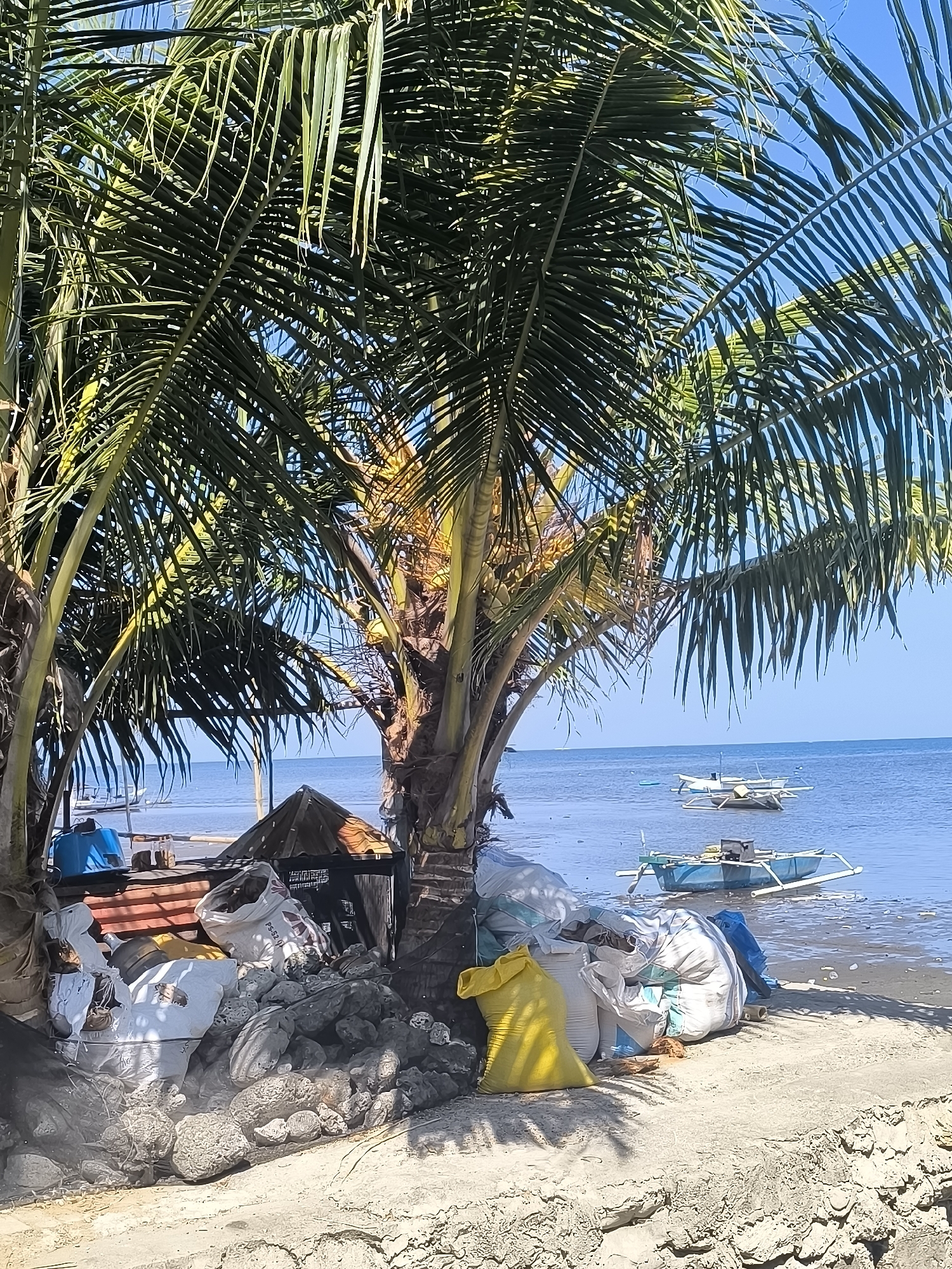 This image depicts a coastal scene in Barru, Indonesia, likely on a sunny day. In the foreground, a pile of various sacks, some white and some yellow, are stacked alongside rocks and what appears to be debris, situated near the base of palm trees. One of the white sacks has visible text that includes "PS-52-1". A small, weathered structure with a thatched roof is partially visible behind some of the sacks. Beyond this, the calm, blue water of the ocean stretches to the horizon under a clear sky. Several small boats, commonly used in this region, are anchored in the shallow water. The overall impression is one of a working waterfront or a storage area near the beach.