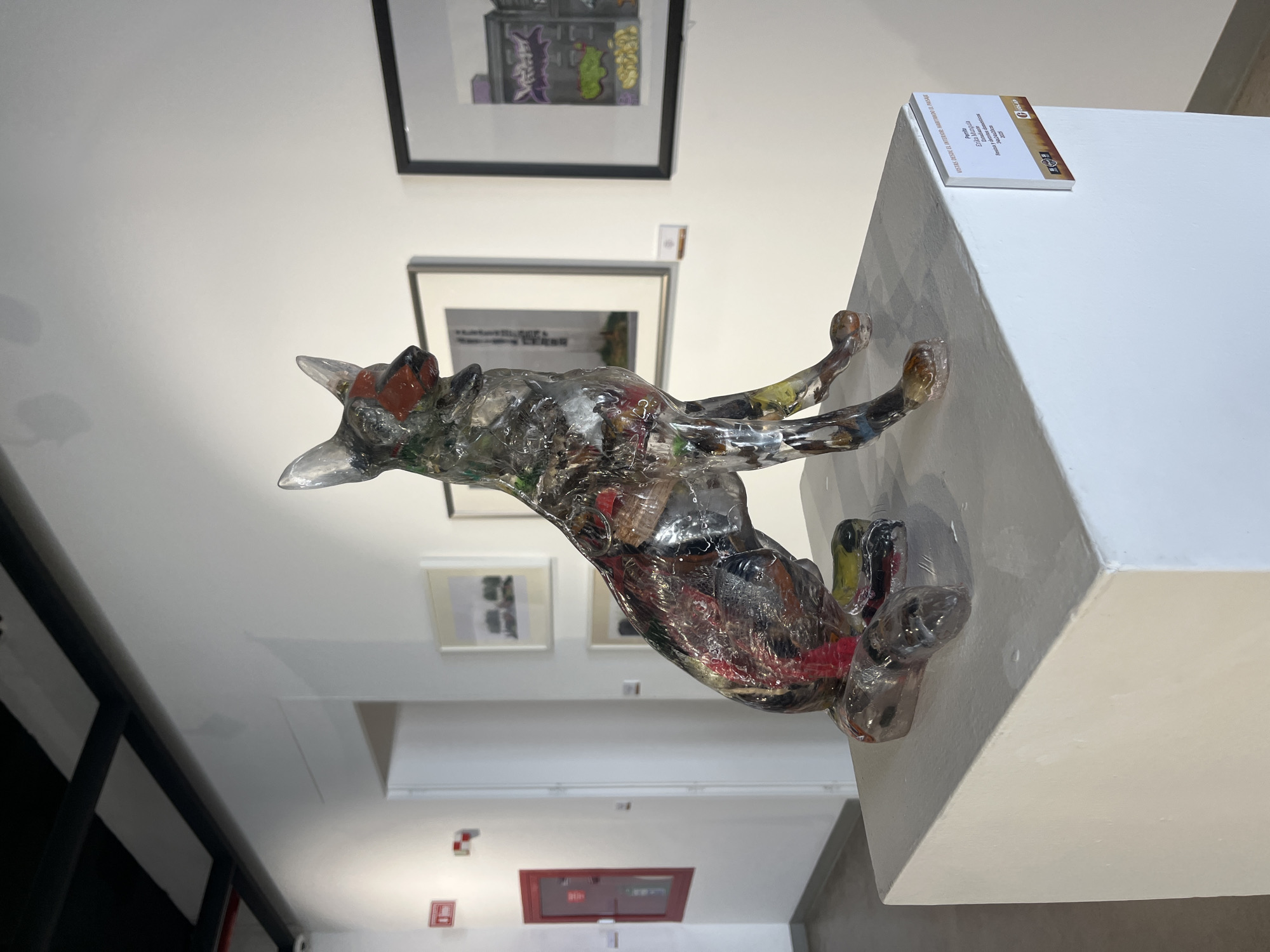 The scene depicts an interior view of an art gallery located at Universidad de las Américas Puebla (UDLAP) in San Andrés Cholula, Mexico. The central subject is a translucent sculpture of a dog, approximately 50cm in height, in a seated position with its head turned slightly right. The sculpture is composed of clear resin encapsulating various fragmented colorful materials, appearing to be recycled plastics and other discards, with a distinct red-orange muzzle. It rests on a white, rectangular pedestal. An information plaque on the pedestal identifies the artwork as "Perro" by Erika Manrique, created from "Resina y desechos de plásticos," measuring "24x24x50cm," and dated "2023," as part of the exhibition "VISTAS DESDE EL INTERIOR-HABITANDO EL PAISAJE."
The environment consists of white walls and a black ceiling with exposed black beams and white acoustic panels. To the right of the sculpture, two framed artworks are displayed on the wall; the closer piece features a black frame and depicts a stylized vending machine or urban facade in shades of purple, green, and yellow. Further down a hallway visible to the left, additional framed artworks are present. A red fire extinguisher cabinet is mounted on the left wall, accompanied by small red and white wall signs. A security camera is visible on the ceiling in the upper-left quadrant of the image. The floor in the distance appears light gray. No people or active interactions are present in the scene.