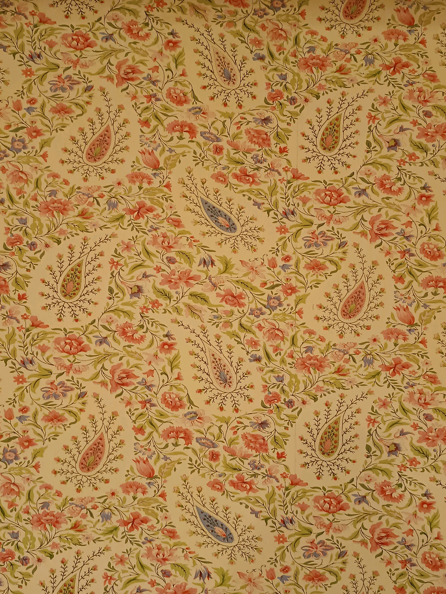 The image shows a close-up of a floral wallpaper pattern. The wallpaper features a cream-colored background with an intricate design of pink and red flowers, green leaves, and paisley motifs in shades of blue and pink. The pattern is dense and appears to be repeated across the surface. There are no people or any other objects visible in the image, nor is there any indication of a specific location within Srinagar, India. The focus is solely on the decorative wallpaper.