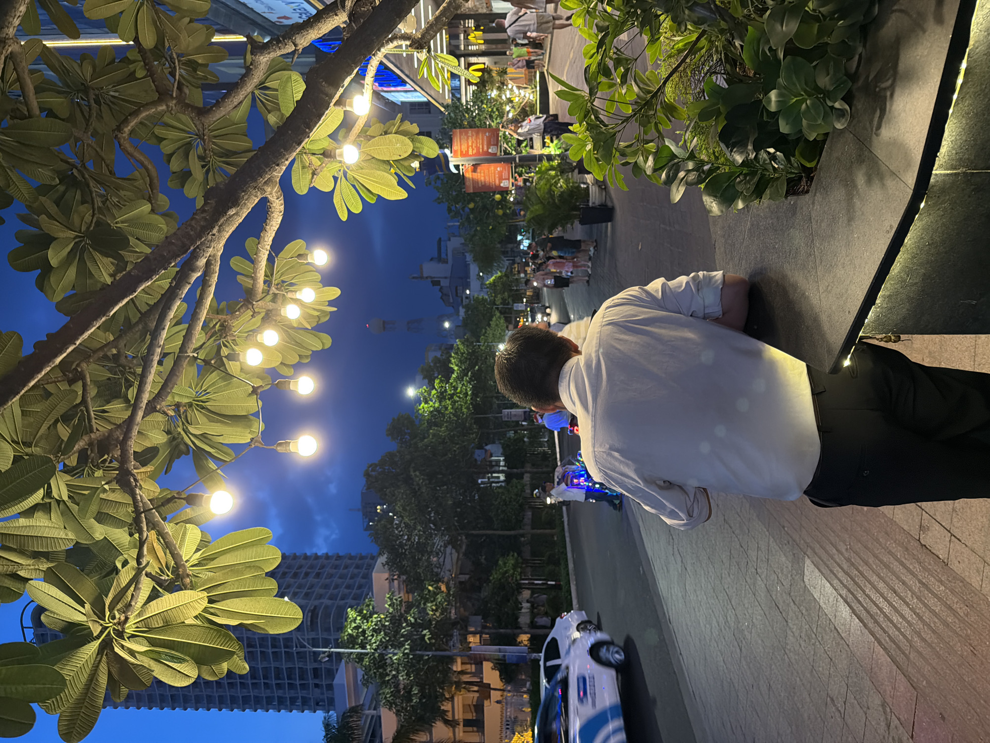 The image depicts an outdoor scene at dusk or night in a bustling street, possibly in Nha Trang, Vietnam. The perspective is from behind a person wearing a white shirt and dark pants, who is leaning on a dark, textured surface. This person appears to be a man, observed from the back, looking down the street.
The street is lined with trees, their branches adorned with string lights that cast a warm glow. In the foreground, lush green leaves are prominent, partially obscuring the view of the street. Beyond the immediate foreground, the street is populated with other individuals, some walking and others standing, suggesting a public gathering or a lively commercial area. There are several shops or stalls visible along the street, indicated by illuminated signs and displays.
A white vehicle with blue accents is parked or driving on the street, with its lights on. The sky is a deep blue, transitioning from the remnants of daylight. The overall atmosphere seems dynamic and vibrant, with the artificial lights creating a festive ambiance. The presence of multiple people and illuminated establishments points to a commercial or entertainment district. There is some text visible on the vehicle, but it is not clearly legible. The scene suggests a pleasant evening in a well-lit urban environment.