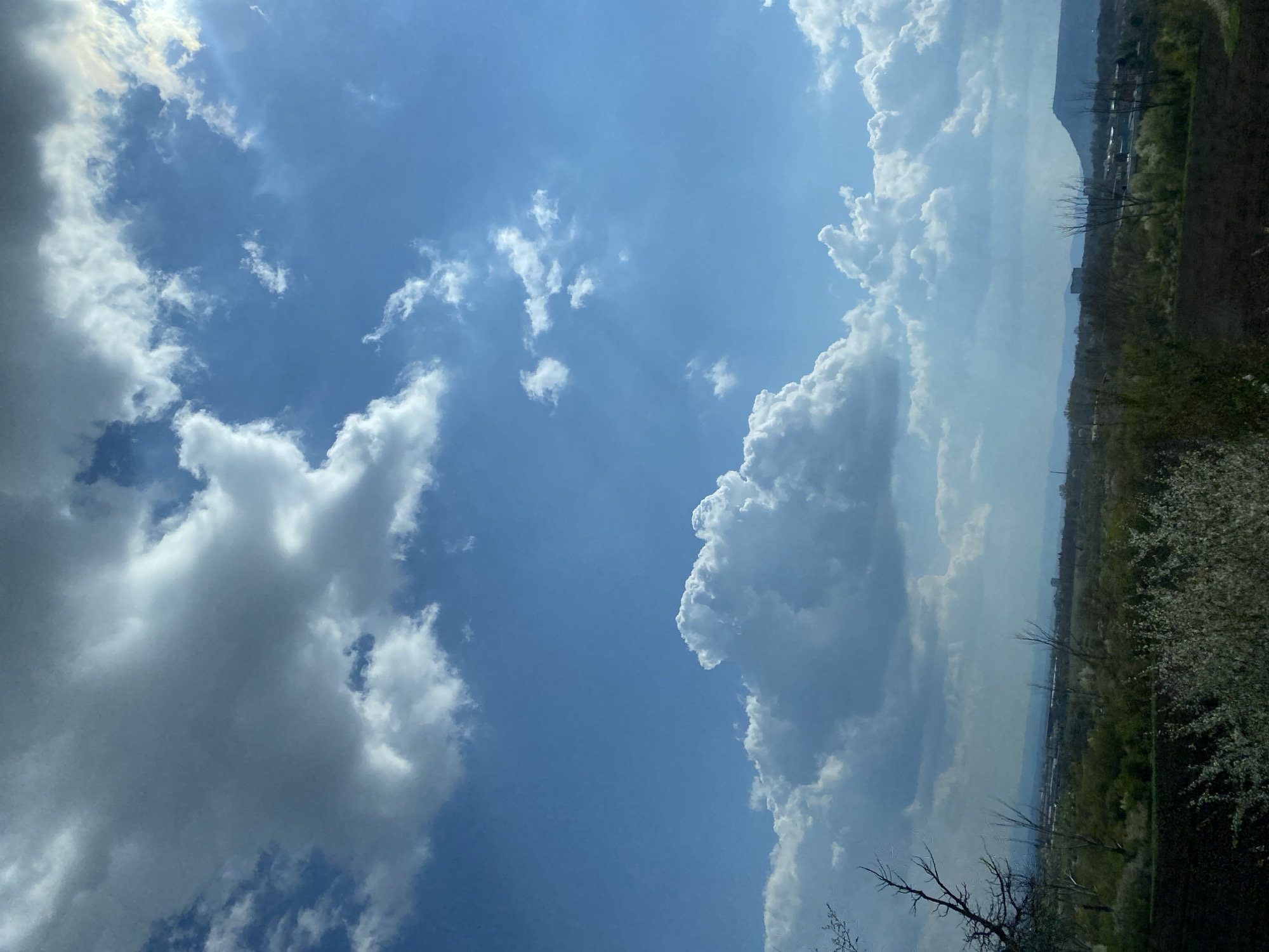 The image shows a view of the sky with a large cloud formation on the right side and scattered clouds on the left. The sky is blue, with some areas appearing lighter due to the sunlight. On the right, a landscape is visible, including a hillside with vegetation, possibly trees, and some buildings or structures in the distance. The lower part of the image contains a bare tree branch.
Although the prompt requests a location, that information cannot be derived from the image.
