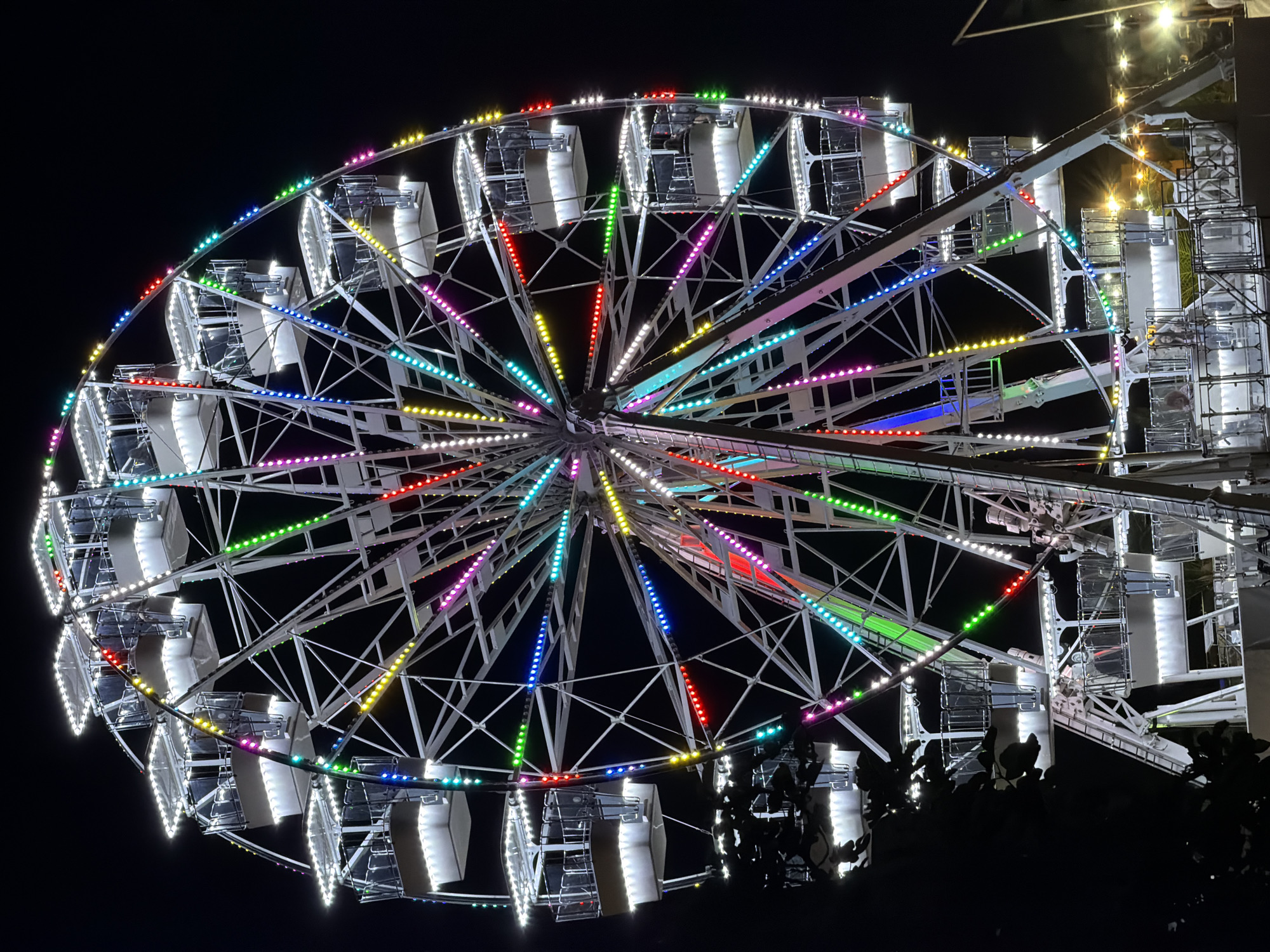 A ferris wheel illuminated with colorful lights is shown at night in Budva, Montenegro. The ferris wheel is large and white, with numerous cabins suspended from its circumference. Each cabin is also lit with white lights, and the outer rim of the ferris wheel is adorned with strings of multicolored LED lights, including red, green, blue, yellow, and pink. Some cabins appear to be occupied by people, visible as dark silhouettes against the interior lights. The background is a dark, unlit sky. At the bottom of the image, a dark silhouette of foliage is visible on the left side, and further to the right, some blurred lights suggest the presence of other attractions or streetlights in the distance. The scene conveys a festive and nighttime amusement park atmosphere.