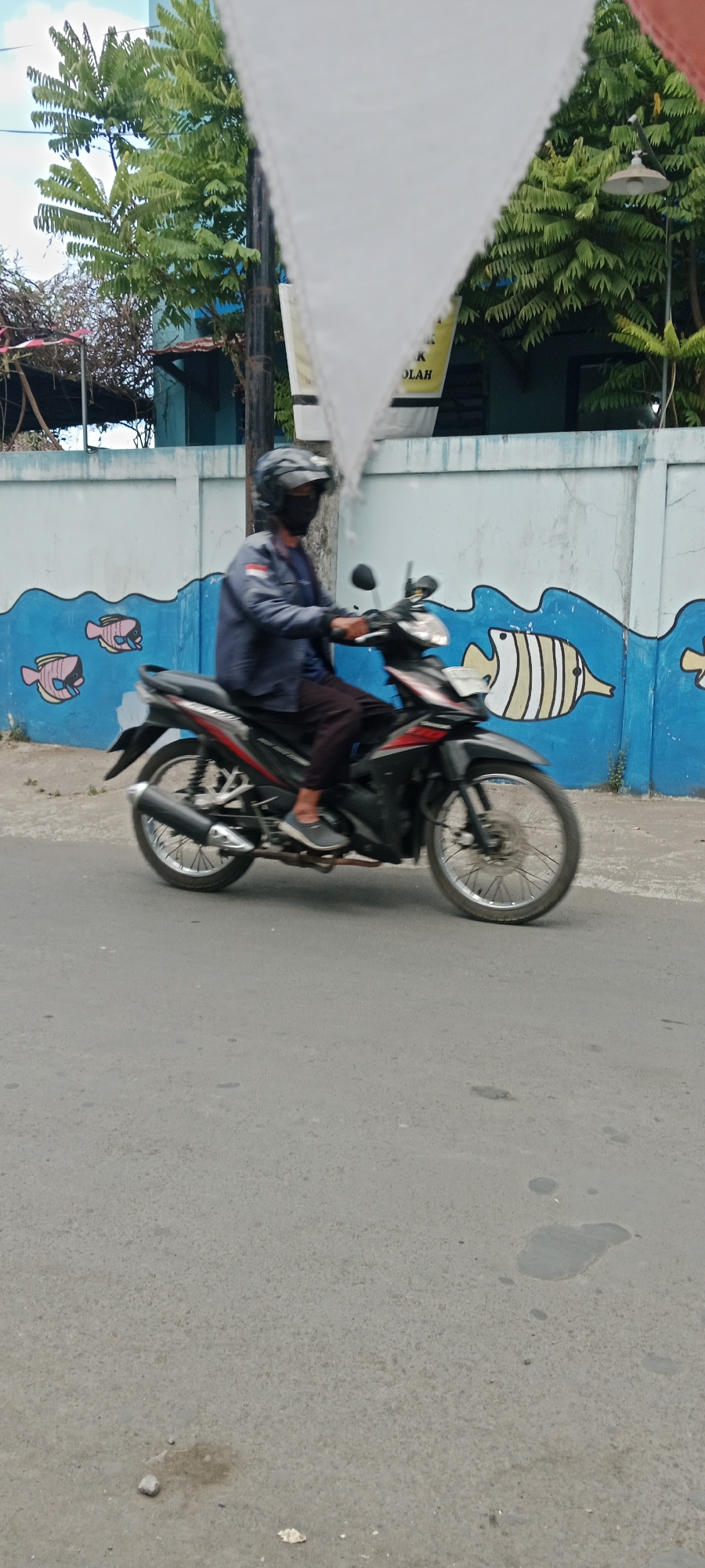 In Purwomartani, Indonesia, a person wearing a black helmet and a dark blue jacket rides a black and red motorcycle on a paved road. The person is also wearing a black face mask. The motorcycle has a silver exhaust pipe and spoke wheels. Behind the motorcycle, a light blue wall is visible, decorated with a mural of white waves and various stylized fish in pink and yellow. Trees with green foliage are present in the background, and a white triangular flag or banner is partially obscuring the upper portion of the image. The sky is cloudy.
