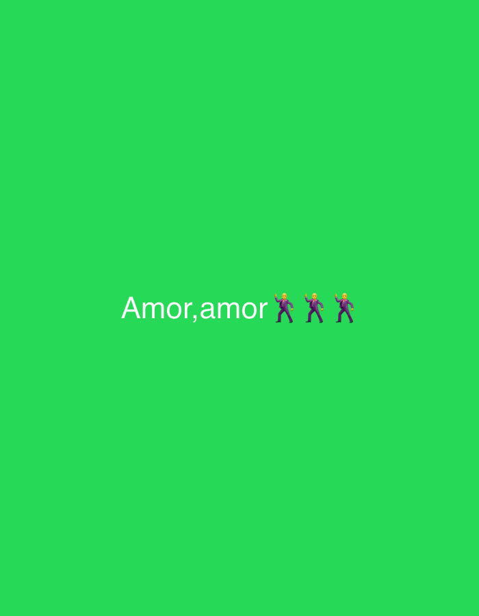 The image is a digital graphic with a bright green background. In the lower center of the frame, the word "Amor, amor" is written in white, sans-serif font. To the right of the text are three small, purple emoji figures, appearing to be dancing or celebrating. The graphic does not depict any identifiable location in Cales De Mallorca, Spain.