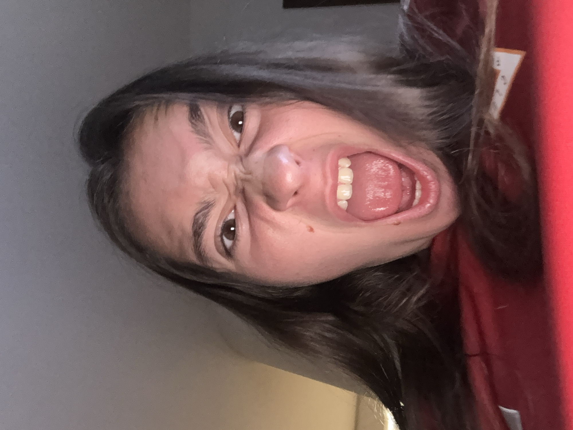 The image is a close-up, low-angle selfie of a young person with long brown hair. The person's face is contorted in a scream or a strong expression of anger or frustration, with their mouth wide open, revealing teeth and tongue. Their eyes are narrowed, and their brow is furrowed. They are wearing a red hooded sweatshirt. The background is dimly lit and appears to be an indoor setting with a wall. There are no visible landmarks or contextual clues to suggest a specific location in Sofia, Bulgaria. The image appears to be taken from a personal device, likely a smartphone.