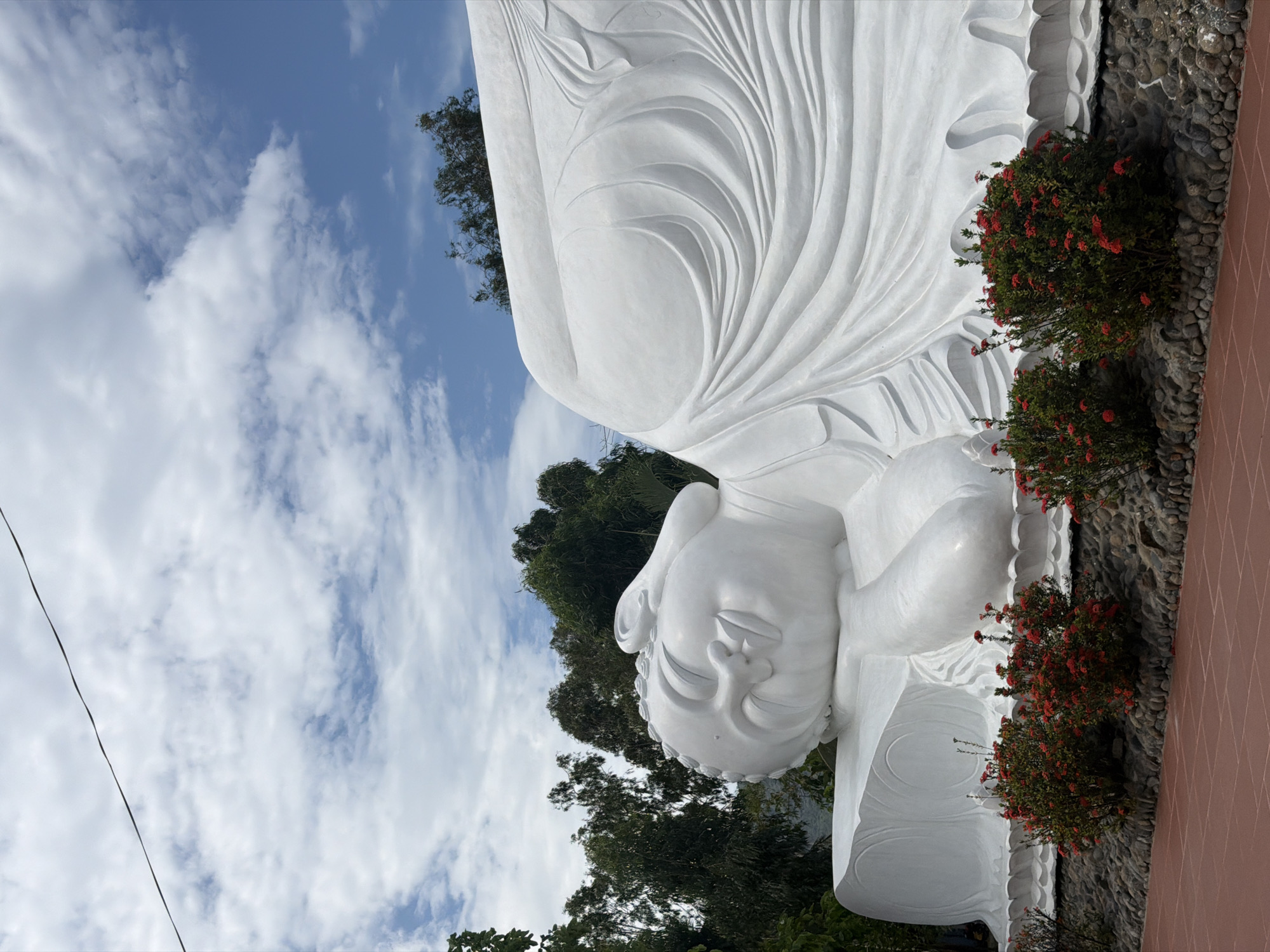 The image displays a majestic white reclining Buddha statue situated outdoors in Cam Ranh, Vietnam. The serene figure, carved from a light-colored material such as marble or painted concrete, is depicted in a state of peaceful repose, lying on its right side with the head resting gently on a raised hand. Intricate folds and curves are visible in the drapery of the Buddha's robes, lending a sense of grace and texture to the large sculpture. The Buddha's facial features convey tranquility, with softly closed eyes suggesting contemplation or parinirvana.
The base of the statue is adorned with vibrant bushes bearing small red flowers, providing a lively contrast against the pristine white of the sculpture. These flowering bushes are bordered by a textured arrangement of dark pebbles and rocks, which separates the statue's immediate surroundings from a reddish-brown tiled path or wall on the right side of the frame. Tall, lush green trees with dense foliage frame the statue in the background and partially in the foreground. Above, a bright blue sky is adorned with scattered white cumulus clouds, indicating a clear, sunny day. A thin black utility wire is visible traversing the upper left corner of the sky. The overall scene evokes a profound sense of peace and spiritual calm at what is likely a Buddhist temple or religious site. No text is visible.