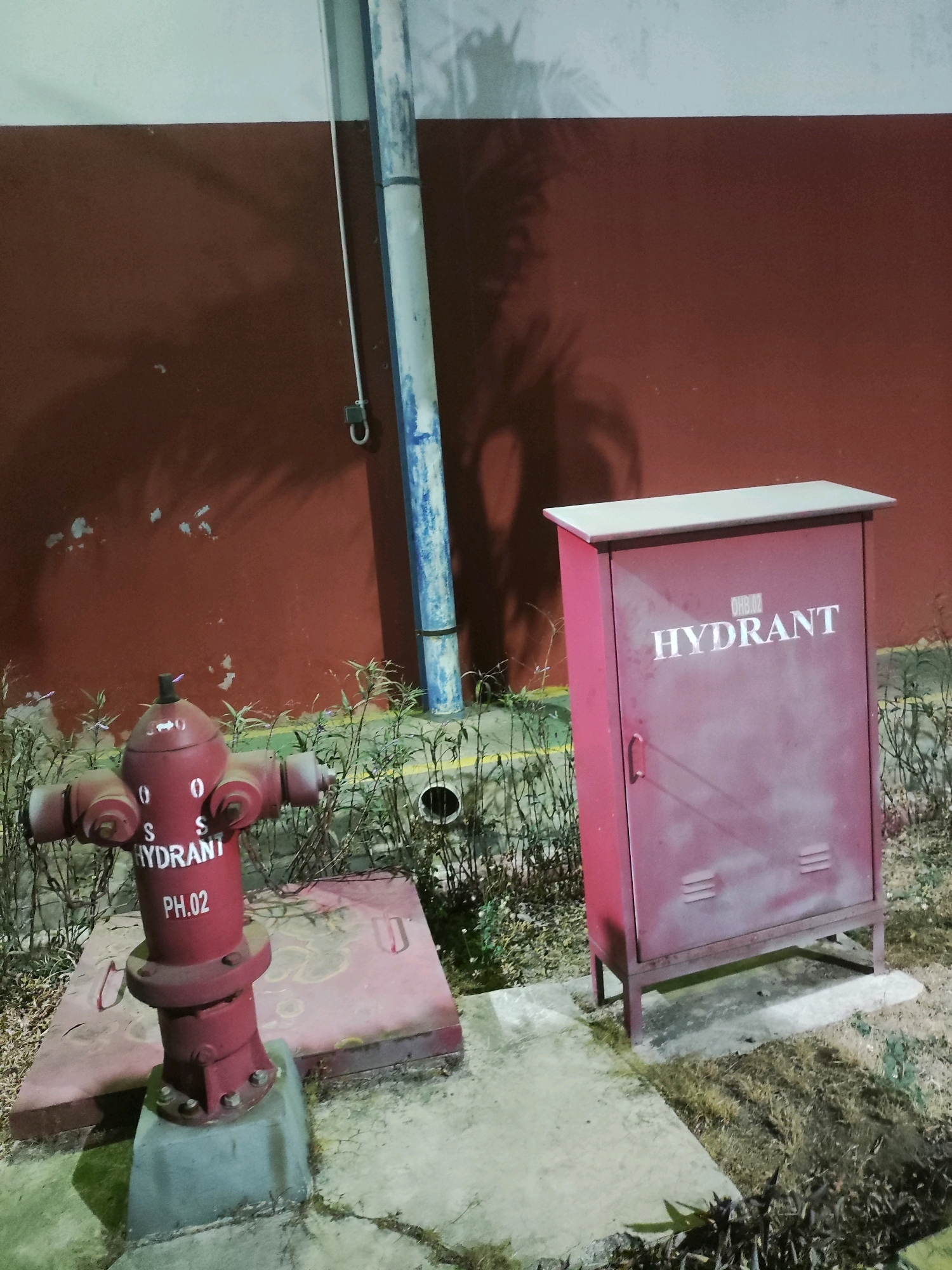 A red fire hydrant and a red metal cabinet are positioned on a concrete slab in front of a reddish-brown wall. The fire hydrant is located to the left, and the cabinet is to the right. A light-colored pipe extends vertically behind the objects. The environment appears to be outdoors, possibly in a public space. The scene is lit, casting shadows on the wall. The image's metadata indicates it was taken in East Jakarta, Indonesia.