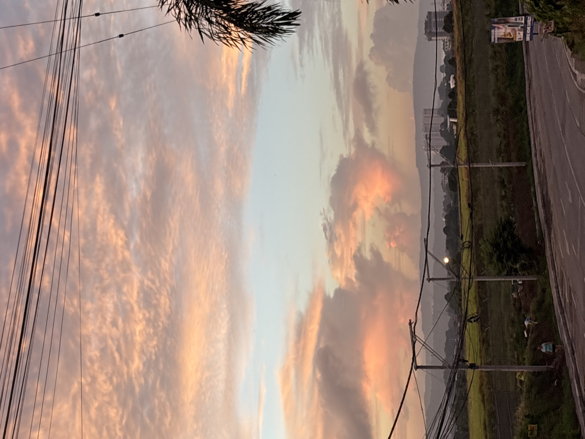 The image shows a scenic view of Davao City, Philippines, at sunset. The sky is filled with vibrant colors of orange, pink, and blue, with fluffy clouds scattered across it. In the foreground, there are several utility poles with numerous wires running across them, indicating an urban setting. A portion of a palm tree is visible on the right side of the frame.
Below the sky, there is a landscape with rolling hills and lush green fields, suggesting an area where agriculture or open spaces are present. In the distance, several buildings, including high-rise structures, are visible, confirming the presence of a city. A road curves through the lower part of the image, with a person standing on the side, and some construction or landscaping activity also noted in the middle ground. A billboard is also visible on the right side. The overall impression is a blend of natural beauty and urban development characteristic of Davao City.