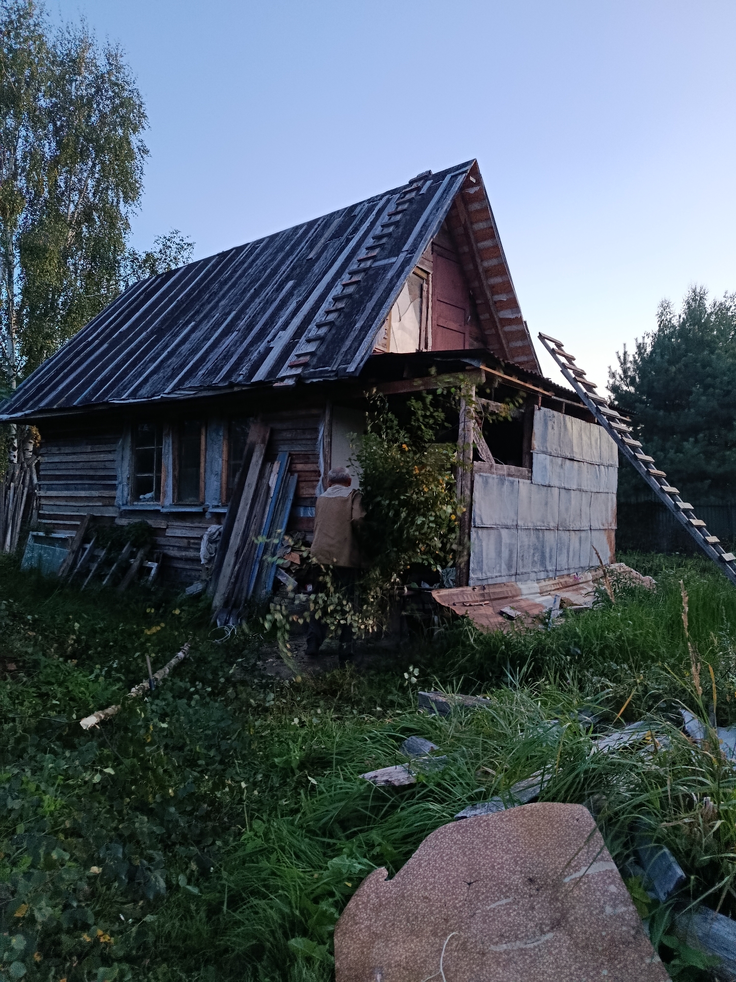 The image shows a dilapidated wooden house with a corrugated metal roof, located in the city of Vereya, Russia. The house appears abandoned and is surrounded by overgrown vegetation and debris, including wooden planks and a large rock in the foreground. A ladder leans against the side of the house, leading up to an opening in the roof. The sky is clear and blue, suggesting it is daytime. A person, partially visible from the back and wearing a light-colored vest over dark clothing, stands near the right side of the house, facing away from the camera. The overall impression is one of decay and neglect in a rural or semi-rural setting.