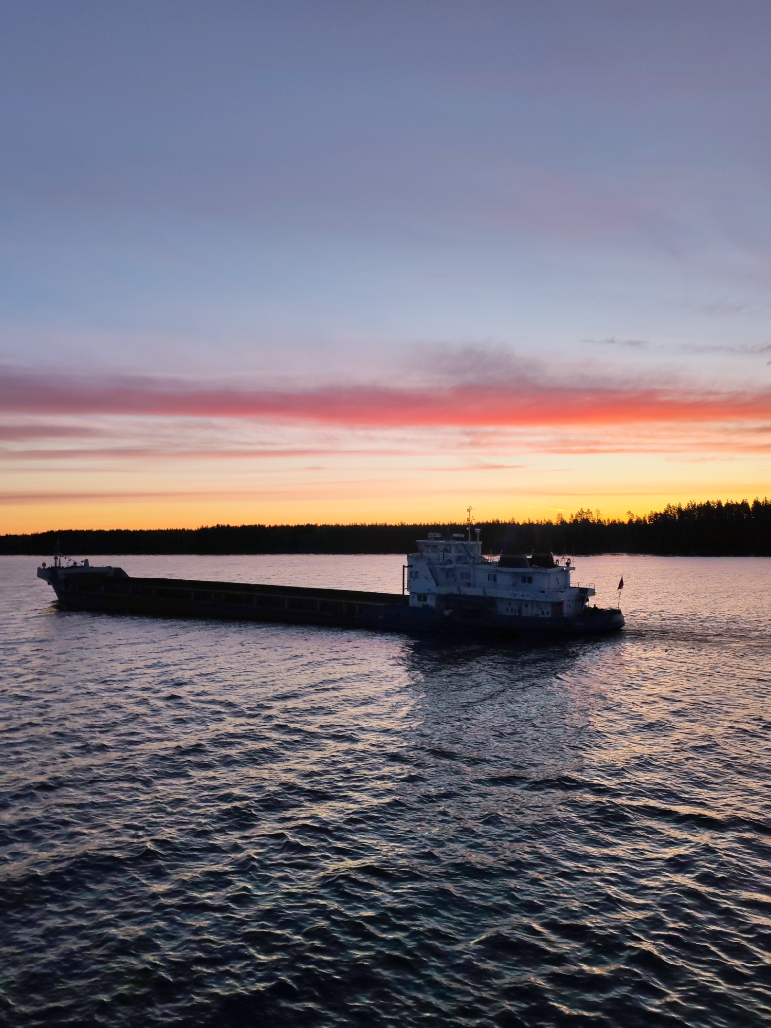A barge navigates a body of water near Vasil'evskoe, Russia under a vibrant sunset. The sky exhibits bands of color, ranging from purple and blue at the top to pink and orange closer to the horizon. Silhouetted trees line the distant shore. The water displays ripples and reflections of the sky's colors.