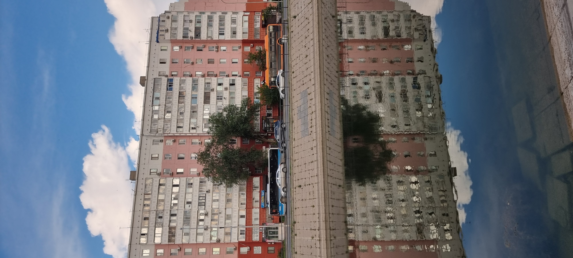 The image captures a view of a large, multi-story apartment building with a pink and white facade, reflecting in a body of water in the foreground. The building has numerous windows, many of which are reflective. A road runs along the base of the building, with several vehicles, including a blue bus and an orange bus, as well as cars. Two trees are visible in front of the building. The sky above is blue with scattered white clouds. The scene is likely a residential area in the city of Aktobe, Kazakhstan, given the architectural style and the presence of public transportation. The water's surface is rippled, distorting the reflection of the building and the sky.