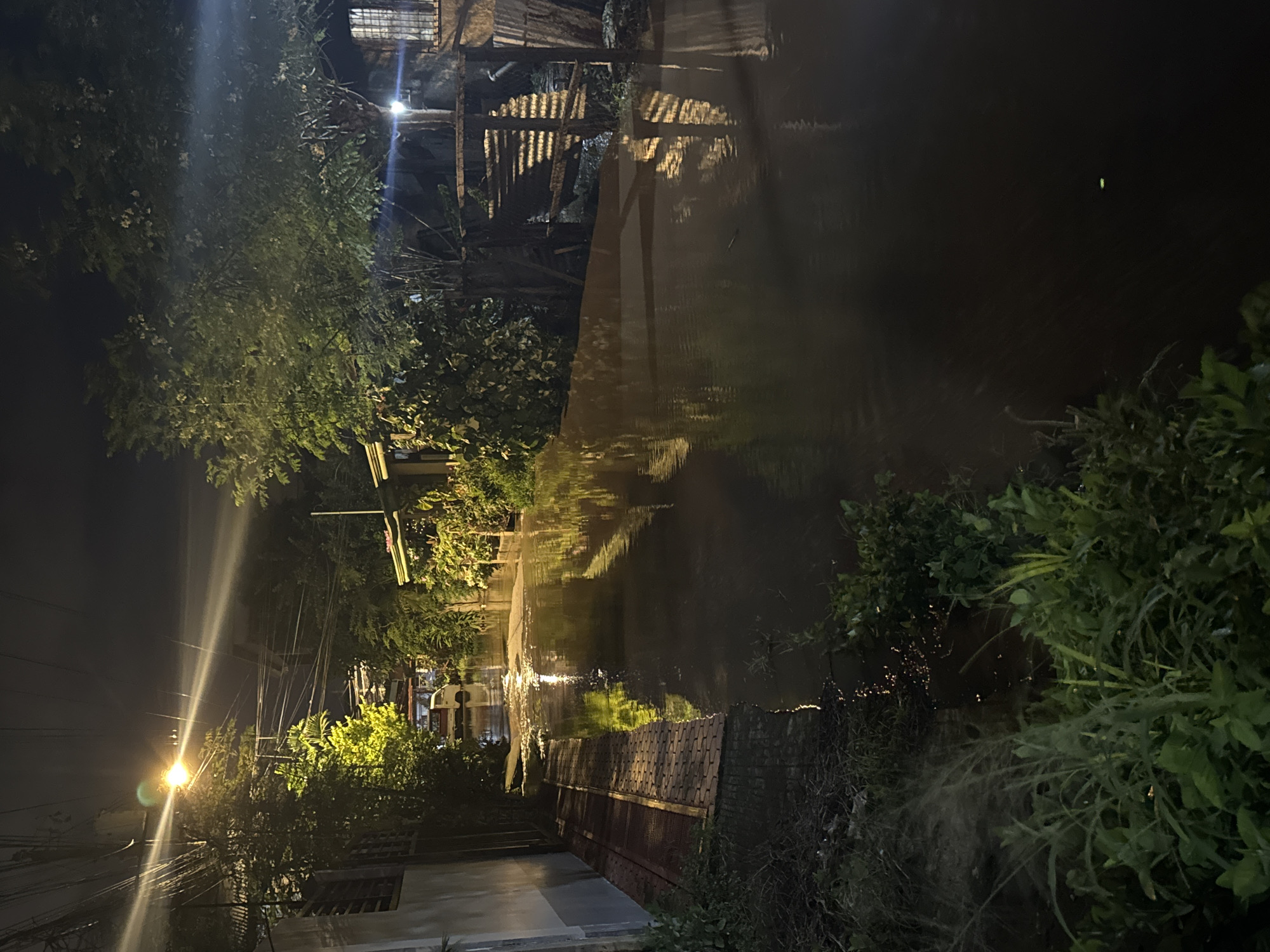 At nighttime, a flooded street in Davao City, Philippines, reflects the light from a streetlamp and overhead electrical wires. The water level is high enough to submerge a portion of a white truck parked in the distance. Lush green vegetation lines both sides of the street, with one side featuring a paved walkway or sidewalk constructed of bricks. The other side of the street displays a fence made of corrugated metal and wooden posts, alongside more dense foliage. The overall scene depicts a residential area experiencing significant flooding.