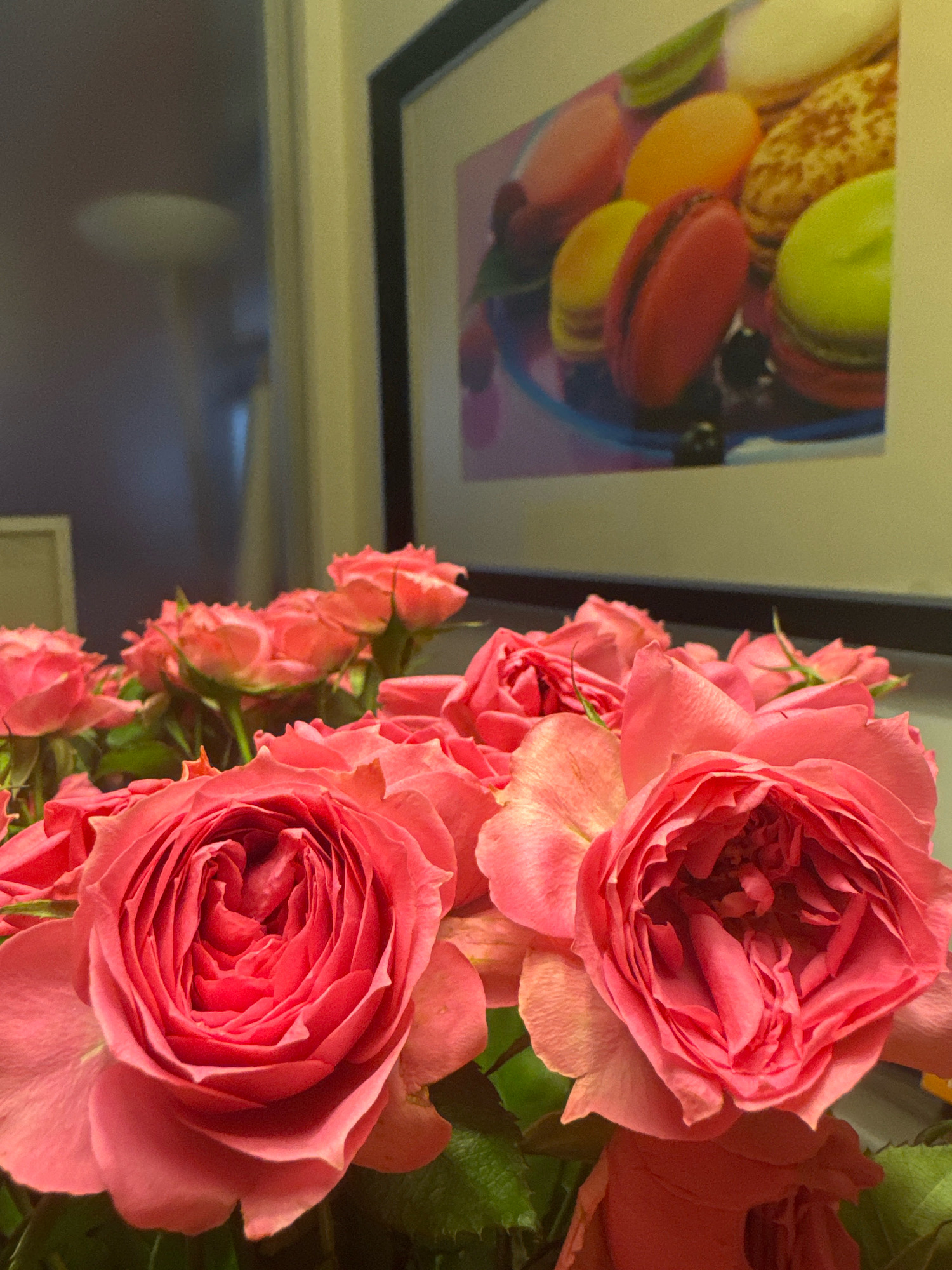 A close-up, indoor shot features a bouquet of pink roses in the foreground. Behind the flowers, a framed picture of colorful macarons is visible on a wall. The scene appears to be in a residential or commercial setting, possibly a home or a cafe. The lighting is soft, creating a warm and inviting atmosphere. The image does not provide any specific details or context related to the city of Almaty, Kazakhstan.