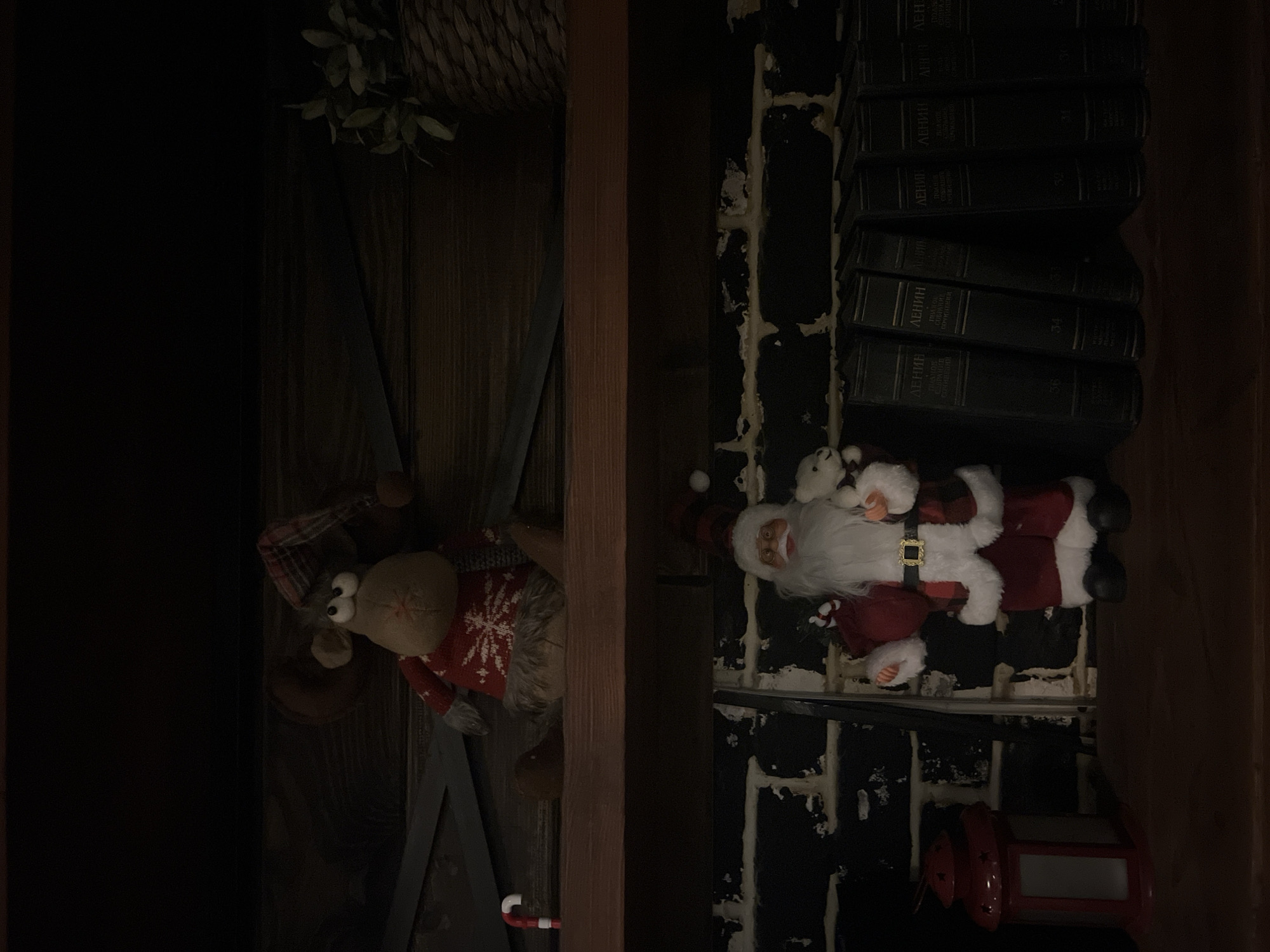 A view inside a dark wooden cabinet with two shelves. On the left shelf is a moose plush toy wearing a red sweater with white snowflakes. On the right shelf are books stacked, a Santa Claus plush toy, and a red lantern. No people are visible. The location is not discernable from the image content.