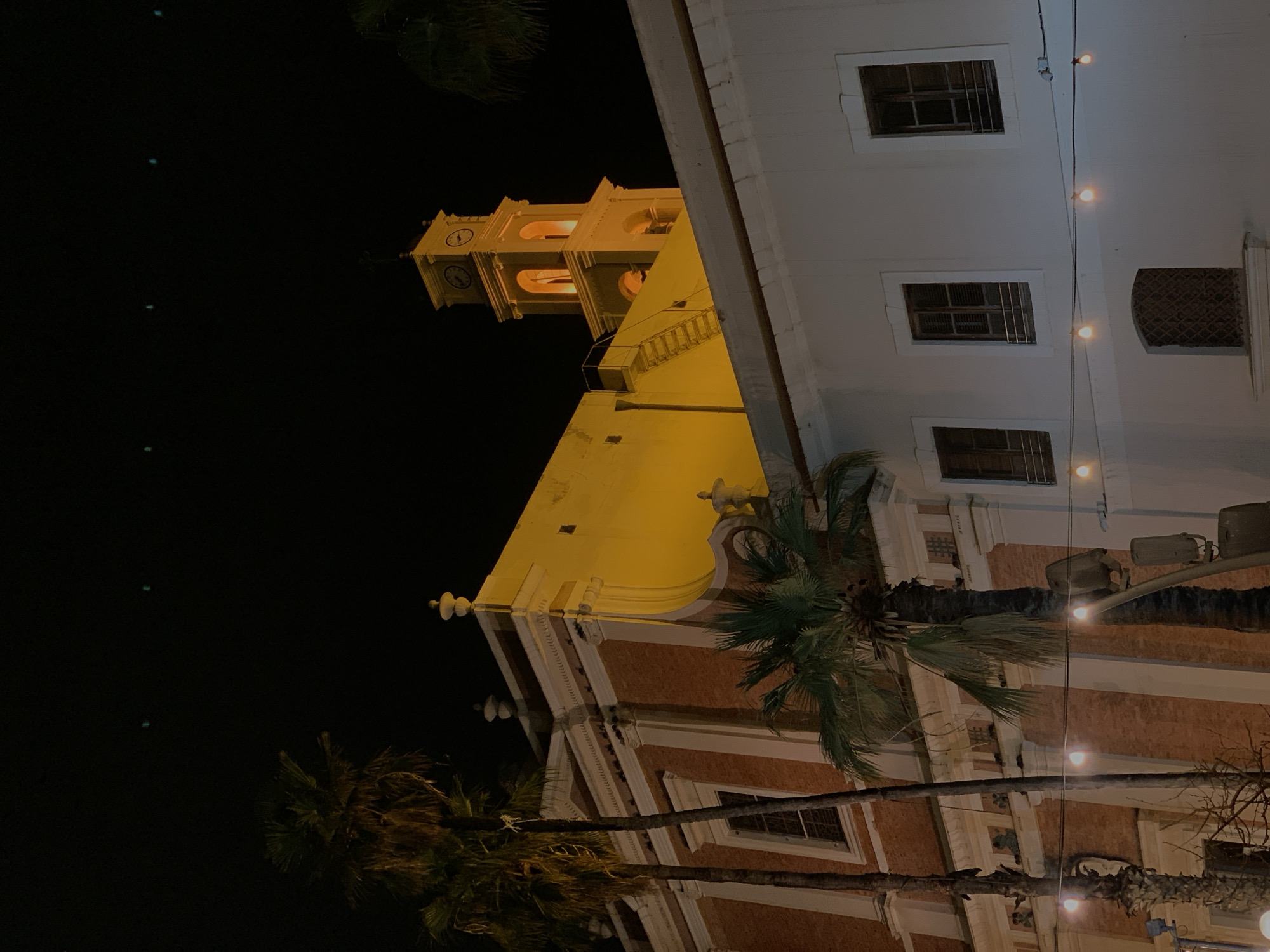 The image displays a nighttime urban scene centered on St. Peter's Church in Jaffa, Tel-Aviv, Israel. The church dominates the upper-middle and left portions of the frame, featuring a lower reddish-brown facade adorned with white classical columns, cornices, and rooftop finials. Multiple tall, dark-framed windows are visible on this section. Above, a brightly illuminated yellow section culminates in a prominent clock tower with a cross atop its pinnacle. The tower exhibits arched openings from which a golden-orange light emanates, and two visible clock faces. An external, possibly metal, staircase ascends the yellow facade near the clock tower's base.
In the foreground, partially obscuring the lower right, is a white-painted building or wall with three upper rectangular windows fitted with horizontal security bars, and a lower arched window with a dark grate. Several palm trees are present: two tall, slender trunks stand on the left, extending upwards, and a shorter, denser palm tree is situated in the lower-middle, partially in front of the reddish-brown church facade.
The sky is a uniform dark black, indicating deep night. The scene is primarily lit by artificial sources, including the intense golden-yellow illumination on the church's upper facade and clock tower. A string of warm-toned, globe-style lights hangs horizontally across the mid-ground, providing ambient light to the foreground building. Faint, small, cyan-blue light points are visible in the upper-left sky. A dark, partially obscured street light pole with two upward-facing fixtures is located behind a palm tree in the lower-middle. No individuals or discernible activities are present.