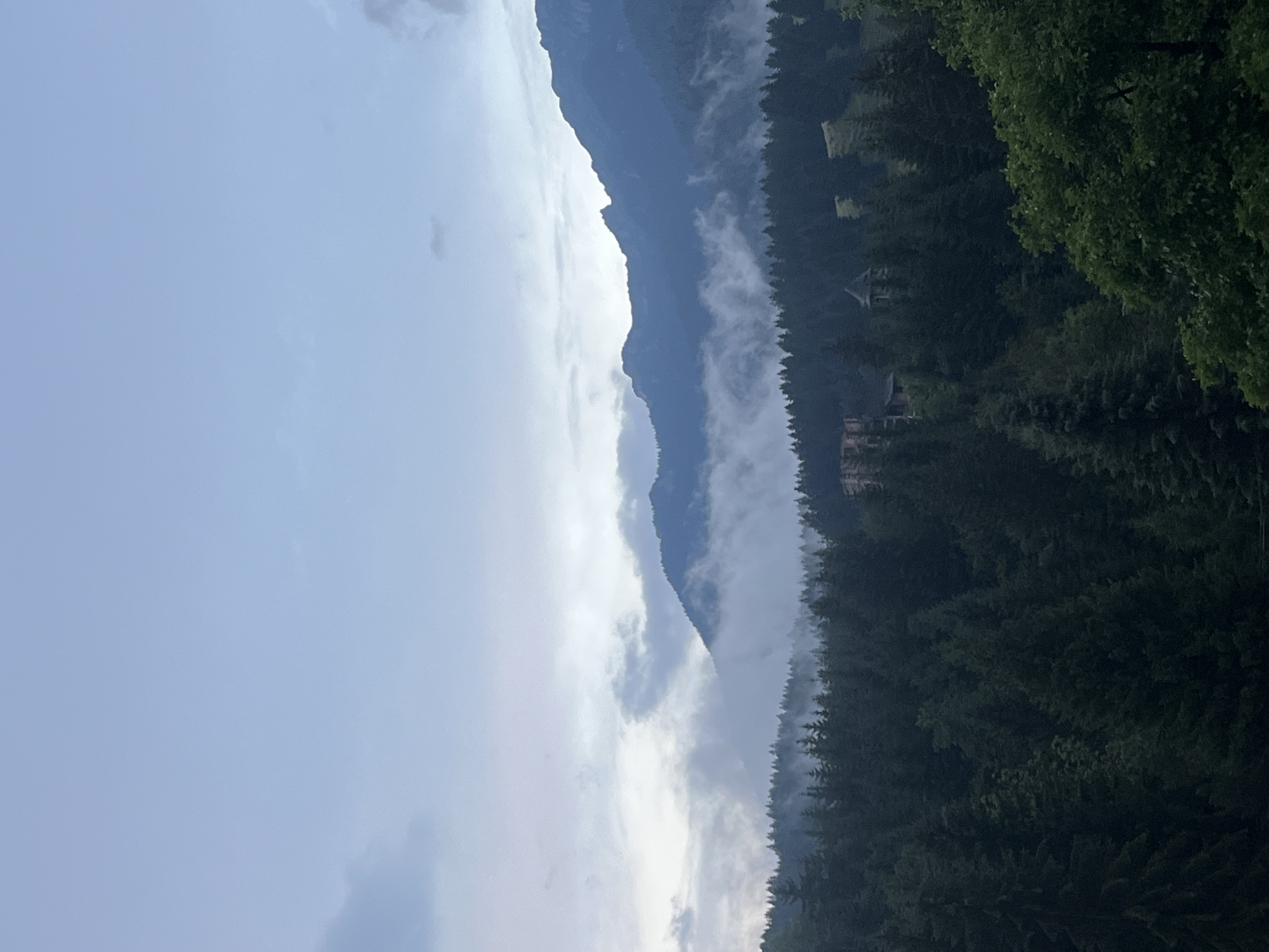 This is a vertical, wide-angle photograph of a mountain landscape on a cloudy day. The sky is a pale blue with scattered white clouds. The mountains are dark and imposing, with a sheer drop on the left side and a dense evergreen forest on the right. The forest is thick and dark, with some lighter green foliage visible at the top right. There are a few buildings visible nestled within the trees on the right side of the image, one with a red-tiled roof and a smaller, quaint structure further up the slope. The overall mood of the image is serene and majestic, with a hint of mystery due to the cloudy conditions and the dense forest. The time of day appears to be late afternoon or early evening, given the soft lighting. There is no visible text in the image.