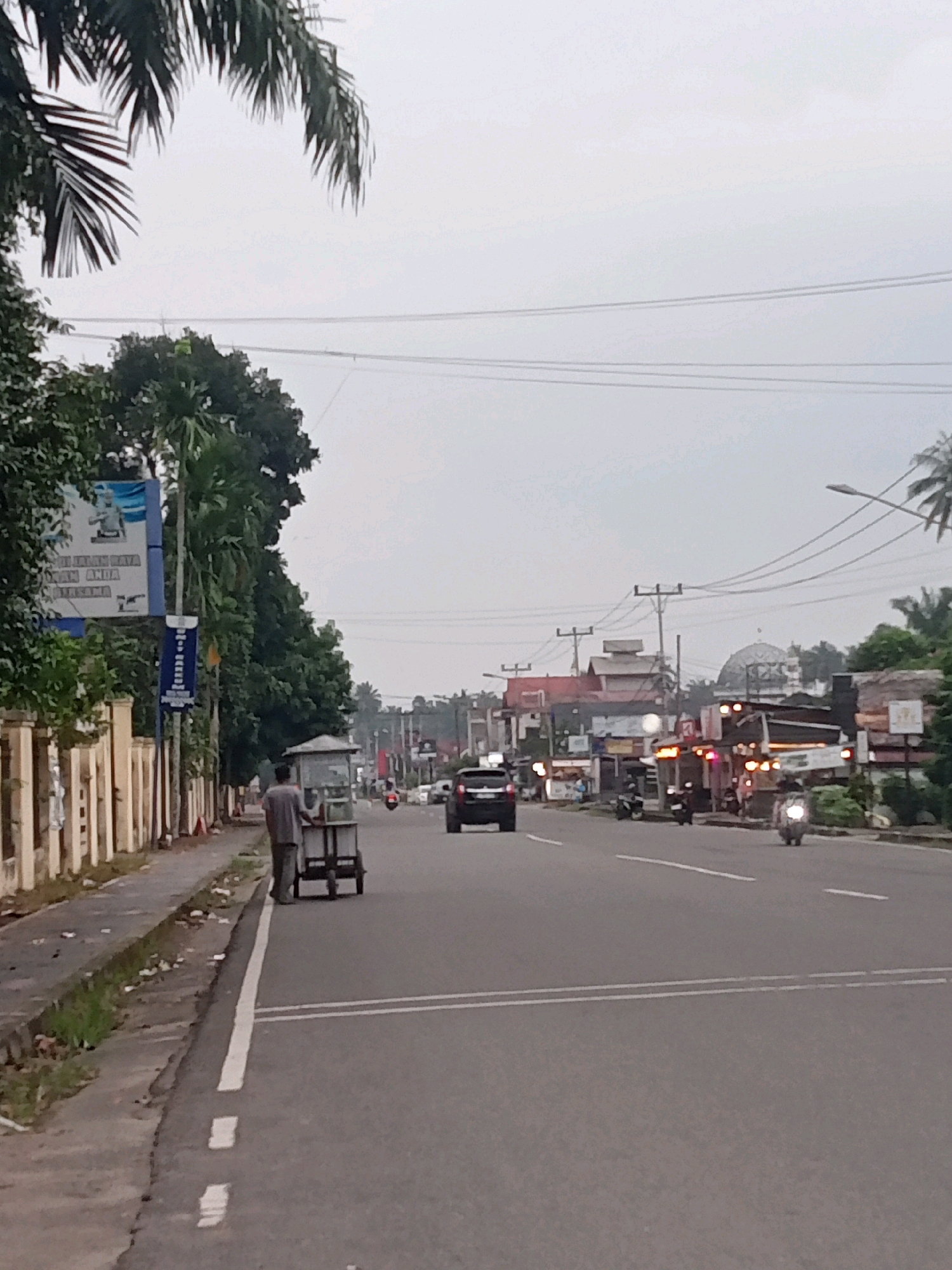 The image depicts a street scene in Simpang Ampek, Indonesia, on an overcast day. The foreground shows an asphalt road with white lane markings. On the left side of the road, a sidewalk is visible, bordered by a low wall and vegetation. A person is seen walking on the sidewalk, pushing a wheeled cart, possibly a food vendor's cart. Along the sidewalk, there are trees and a billboard. Further down the street, on the right side, commercial buildings line the road, with some showing illuminated signs. Several vehicles, including cars and motorcycles, are present on the road, with one motorcycle being ridden towards the viewer. Power lines and poles are visible overhead. In the distance, a domed building, possibly a mosque, can be seen amongst the other structures. The overall impression is of a moderately busy street in a town or city.
