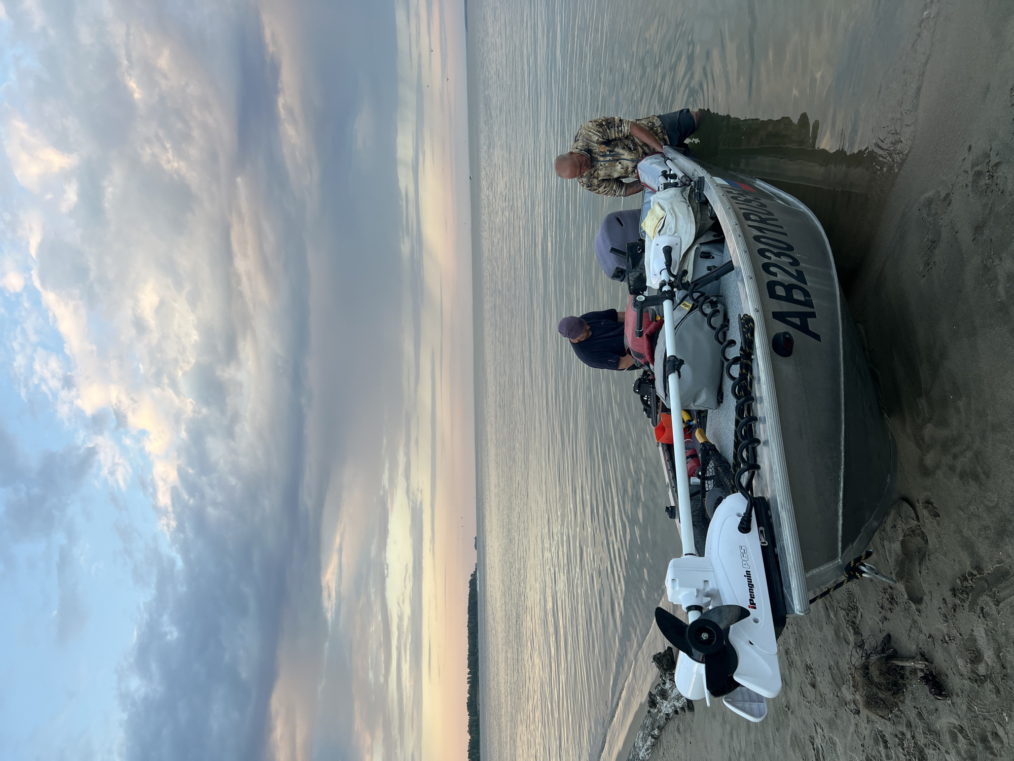 This image depicts two men in a boat partially submerged in calm water near a sandy shore. The boat is a silver aluminum vessel with a white trolling motor attached to the stern, branded "iPenguin P65". The boat's hull displays the registration number "AB2301RUS". One man, wearing a dark t-shirt and a purple cap, is facing downwards, attending to something inside the boat. The other man, dressed in a camouflage jacket and dark shorts, is also looking into the boat, with one knee bent and partially submerged in the water. The sky is filled with a mix of grey and light pink clouds, indicating either dawn or dusk. In the distance, a treeline borders the horizon, and a few distant boats are visible on the water. The scene appears to be set in a natural body of water, but the location in Borovoe, Russia, is not visually verifiable from the provided image.
