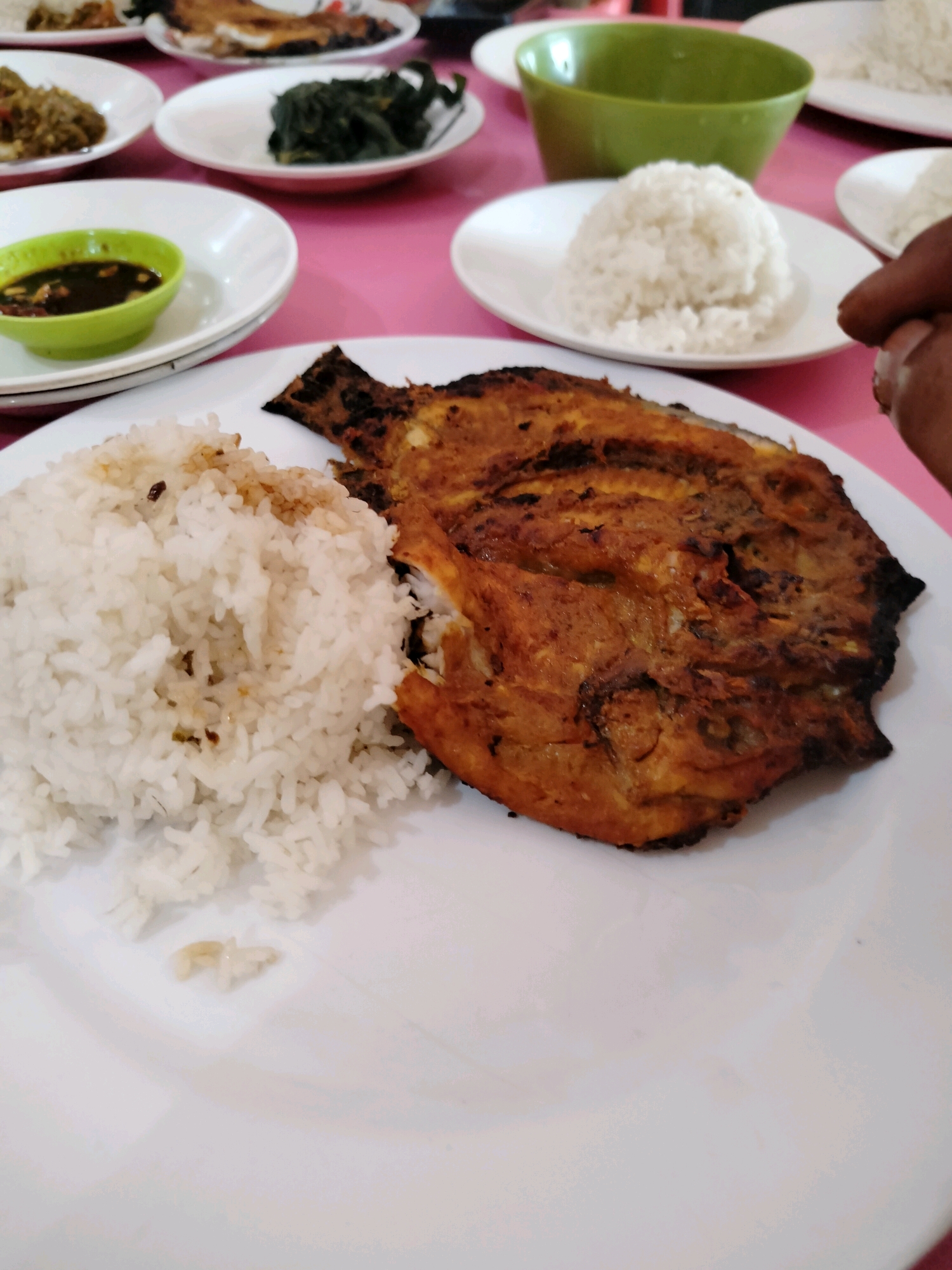 A close-up, eye-level shot shows a white plate with a meal of grilled fish and rice, set against a pink tablecloth. The grilled fish, a whole fish seasoned with what appears to be a reddish-brown paste, is placed on the right side of the plate. It has grill marks and some charred edges, indicating it has been cooked over high heat. To the left of the fish is a generous portion of white steamed rice, slightly sticky in texture. A small green bowl containing a dark, presumably savory sauce, is visible in the upper left corner of the frame, on another plate. In the background, other plates of food, including a pile of dark green leafy vegetables and more rice, are arranged on the pink tablecloth, suggesting a communal dining setting in Perapat Hulu, Indonesia. The lighting is natural and diffused, highlighting the textures and colors of the food.