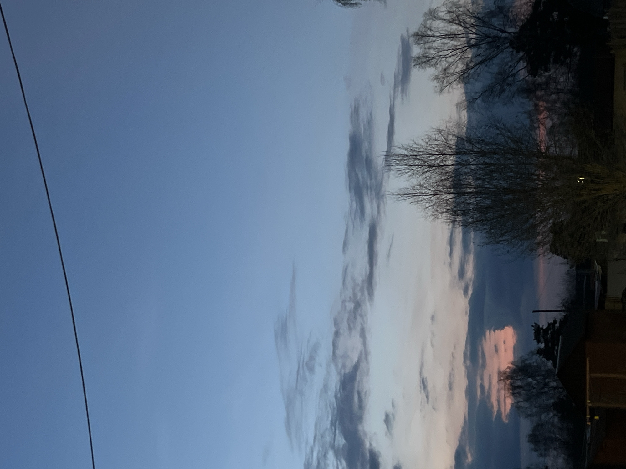 The image captures a scene at dusk or dawn. The sky dominates the upper portion, transitioning from a clear blue on the left to a band of grey and pink-tinged clouds on the right. Bare trees are silhouetted against the cloudy sky. Below the trees, hints of rooftops and structures are visible, suggesting a residential area. A power line stretches across the left side of the frame. There is no indication of people. The location is specified to be Раздолье, Russia.
