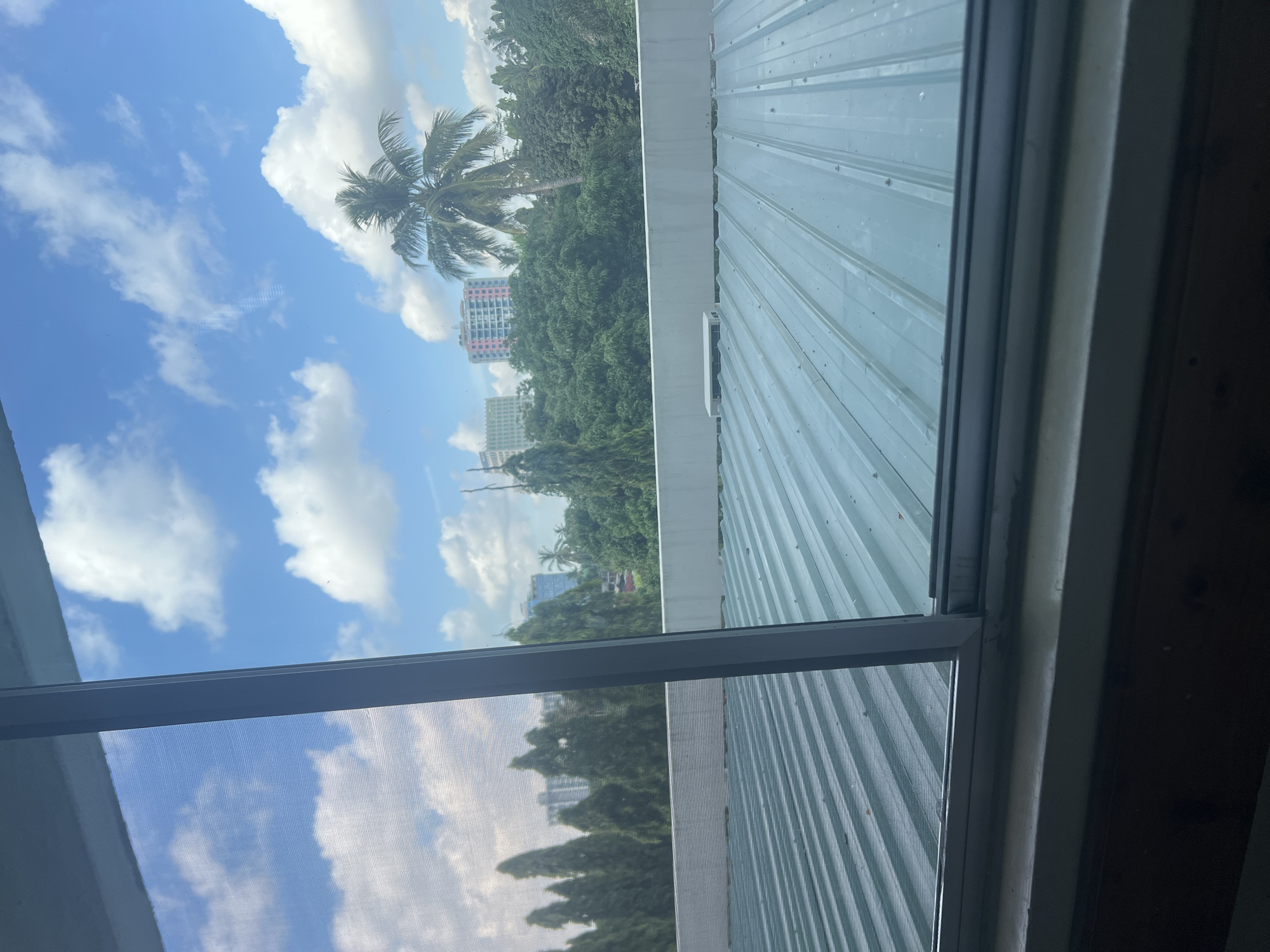 The image shows a view from a window in Dar es-Salaam, Tanzania. A palm tree and a building can be seen through the window, against a cloudy sky. Part of a corrugated metal roof is also visible, along with a screen in the window frame.