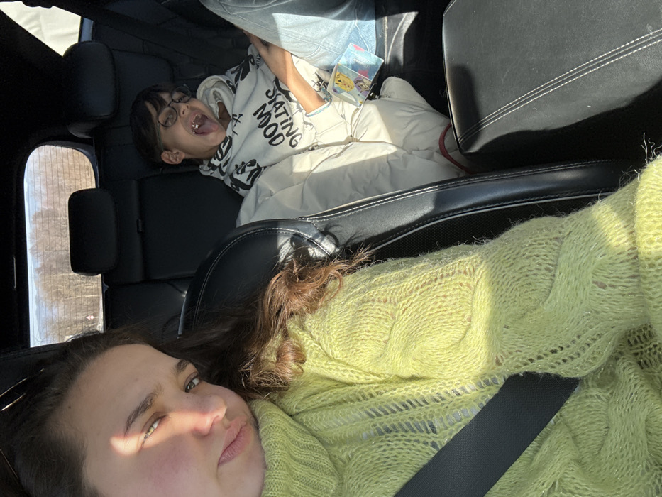 The scene is set inside a vehicle, specifically in the city of Banichan, Bulgaria, during daytime with bright sunlight entering through the windows.
In the foreground, an adult female with dark hair is seated, likely in the front passenger seat, secured by a dark seatbelt across her chest. She is wearing a light green, loose-knit turtleneck sweater with visible cable and openwork patterns. Her face, partially illuminated by direct sunlight on the left side, displays a neutral to slightly pouting expression as she looks directly towards the camera.
In the background, a child, likely male, is seated in the rear passenger seat. He wears round-rimmed glasses and a light-colored hooded sweatshirt with the text "SKATING MOD" partially visible on the front. The child has an exaggerated, playful expression with his mouth wide open, tongue extended, and eyes wide. A light-colored, possibly beige, puffy garment or blanket covers his lower torso. Near his lap, a small blue box or container, possibly depicting animated characters, is visible. He appears to be wearing blue jeans.
The vehicle's interior features black leather seats with headrests. Through the rear window, a blurred outdoor environment is visible, consisting of bare trees or deciduous forest under a clear sky. A small, indistinct white road sign with a red border is barely discernible in the distant background.