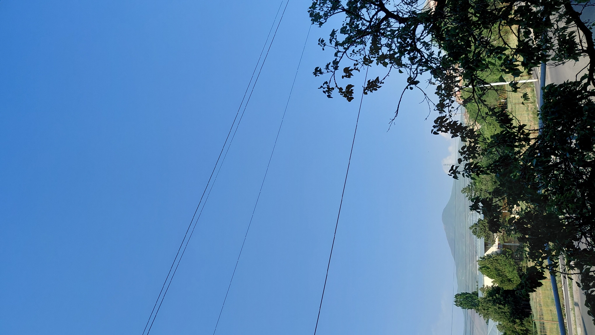 The image captures a wide view of a clear blue sky, with three parallel power lines stretching horizontally across the upper half. Below the sky, a landscape unfolds with a distant mountain range dominating the horizon. In the middle ground, there are several buildings with light-colored roofs, interspersed with clusters of green trees and what appear to be greenhouses. In the foreground, the dark silhouettes of leafy trees frame the scene. The overall impression is one of a rural or semi-rural setting, likely within or on the outskirts of Abovyan, Armenia, given the distinct mountainous backdrop. There are no visible people or animals.