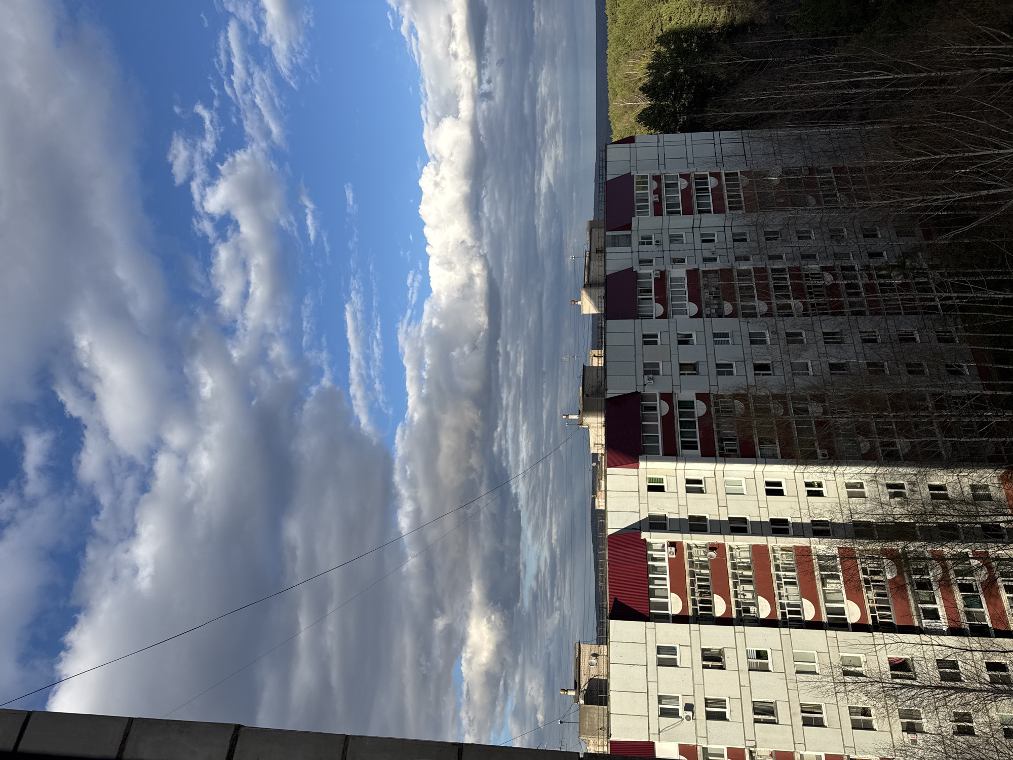 This image presents an elevated view of a residential area in Chaikovsky, Russia, looking towards multiple apartment buildings with a natural landscape in the distance. The sky dominates the upper left, showcasing a vibrant blue intermingled with various cloud formations: bright white cumulus clouds and darker, more stratified clouds that stretch across the horizon in layered bands.
The scene's primary subjects are several multi-story apartment buildings on the right. These structures are light-colored, possibly white or light grey, featuring distinct reddish-brown sections on their facades, particularly around balconies and roof elements. Their architectural style suggests Soviet-era or post-Soviet construction. Numerous windows are visible, some with air conditioning units attached. Bare deciduous trees, indicating either late autumn or early spring, are interspersed around and in front of the buildings.
Beyond the urban structures, a dense, dark green coniferous forest covers a distant hill or elevated land, defining the horizon line. A thin, dark utility cable stretches across the mid-section of the sky. The time of day appears to be daytime, with sunlight illuminating parts of the clouds and buildings, creating clear shadows. No specific activity or individuals are visible, portraying a quiet, observational view of a Russian cityscape blending into its natural surroundings. No visible text is present in the image.