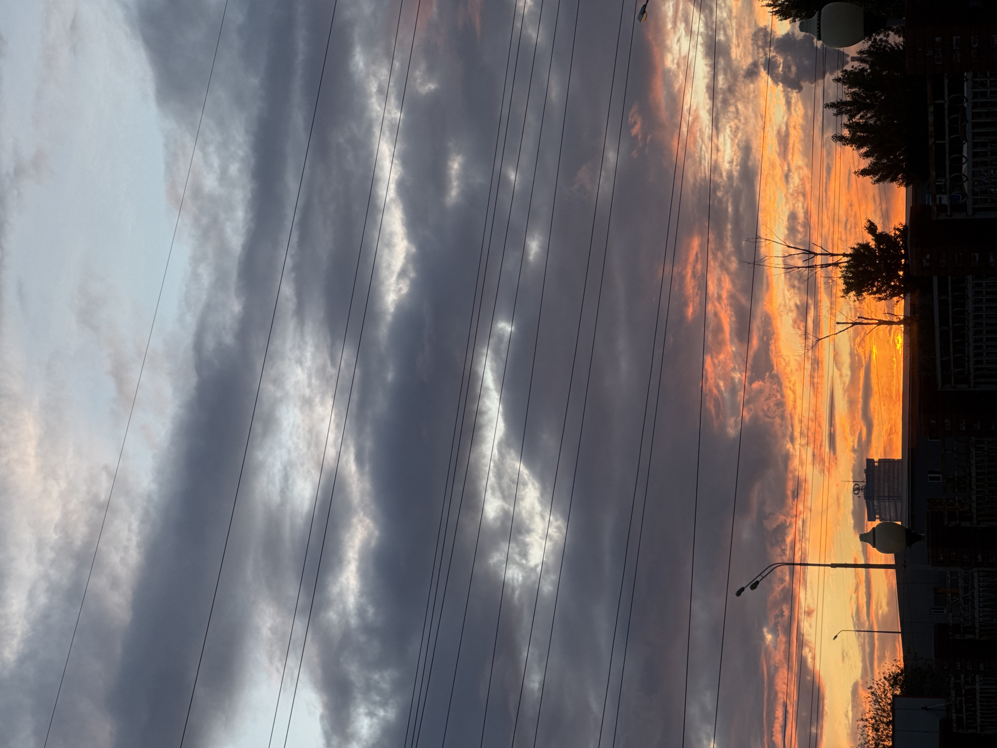 The image displays a dramatic sunset or sunrise over an urban or suburban landscape. The sky is the dominant feature, transitioning from lighter grey and white clouds on the left to vibrant hues of orange, yellow, and pink on the right, where the sun is either setting or rising just beyond the visible frame. Dark, voluminous clouds are scattered across the sky, with some edges brilliantly illuminated by the hidden light source, creating a striking contrast.
Multiple thin, dark utility wires or power lines stretch diagonally across the sky from the upper left to the lower right. Along the horizon, primarily on the right side of the frame, silhouettes of various elements are visible. These include bare-branched trees and denser foliage, as well as several buildings. A prominent streetlight with two lamps is visible in the lower middle, and another smaller lamppost appears further to the right.
The time of day is clearly dawn or dusk, characterized by the intense colors of the sky. The weather appears partly cloudy, allowing for a magnificent display of light and shadow. There are no people visible, and no specific activity is taking place beyond the natural progression of the sun. No discernible text is present in the image.