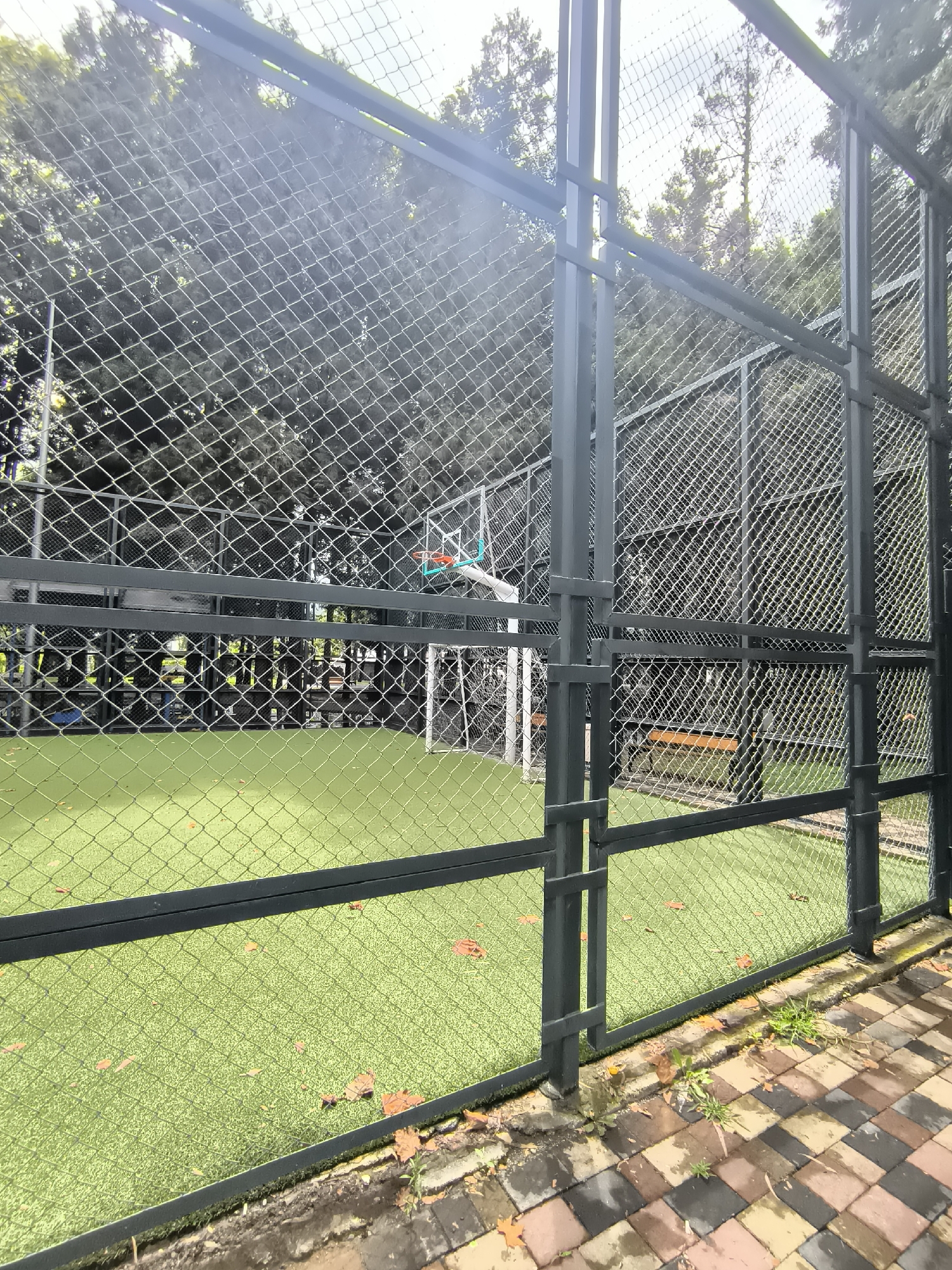 The image shows an outdoor multi-sport court with artificial turf, enclosed by a metal fence. The court features a basketball hoop with an orange rim and a white net, as well as a soccer goal with a white net. Trees and foliage are visible beyond the fence. The ground in front of the fence is paved with interlocking bricks, some of which appear wet. Scattered leaves are present on the artificial turf and the paved area. The overall impression is of a recreational facility within a green, possibly park-like, setting. The scene is static and there are no people visible. Given the prompt specifies the location of Batumi, Georgia, it is plausible this is a sports facility within the city.