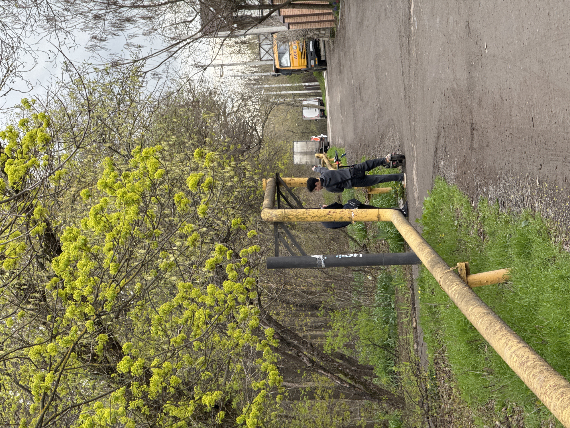 The image shows an outdoor scene in what appears to be a park or roadside area. A person wearing dark clothing and a beanie is leaning on a yellow metal barrier. The barrier consists of horizontal and vertical pipes. The person's action is unclear, but they appear to be interacting with the barrier. To the left, there is a tree with bright green leaves. A paved road is visible behind the barrier and person, with some vehicles parked further down the road, including a yellow truck. The sky is overcast. Green grass is growing on the right side of the frame, next to the barrier. The image is rotated.