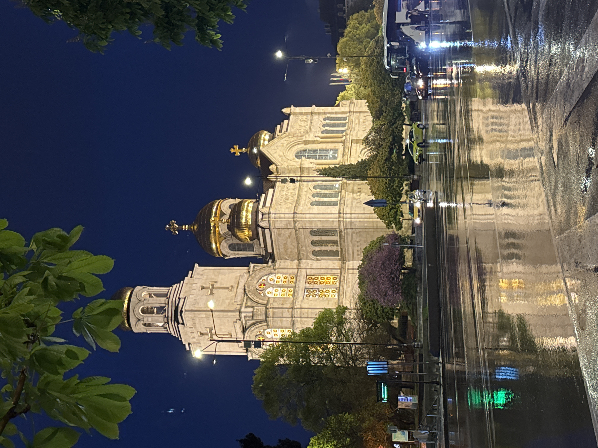 This night-time photograph, when viewed correctly (rotated counter-clockwise from the provided image), captures the majestic Dormition of the Theotokos Cathedral in Varna, Bulgaria, alongside a wet, reflective street. The sky is a deep, dark blue, indicating the late hour, while the glistening ground suggests recent rainfall.
The prominent feature is the grand, light-colored cathedral on the left. It boasts several distinctive golden domes, each topped with an Orthodox cross, shining brightly under artificial illumination. The building's facade is adorned with intricate architectural details, including arched windows, some of which glow with warm light, revealing decorative patterns or stained glass. Surrounding streetlights further accentuate the cathedral's imposing structure.
To the right, a wide street stretches into the distance, its wet asphalt surface acting as a mirror. Reflections of vehicles, streetlights, and traffic signals create dynamic streaks and pools of light. Several vehicles, including what appears to be a bus or large van, and smaller cars, are visible, their lights contributing to the luminous reflections on the road. Lush green foliage frames the scene in the immediate foreground on the left, and various trees line the street and surround the cathedral, some displaying darker or purplish hues. The scene depicts a serene urban moment, where the illuminated architecture and the shimmering wet street combine to create a captivating night view of Varna. No explicit text is visible.