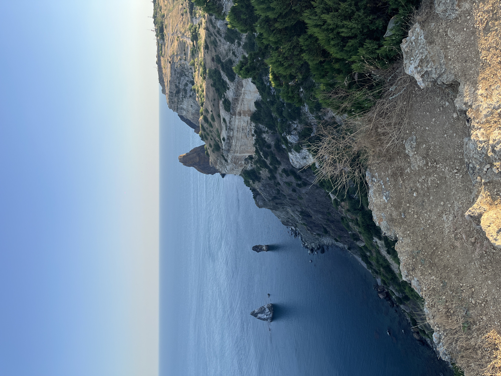 The image depicts a dramatic coastal cliffside overlooking a deep blue sea under a clear, bright sky. The scene is oriented vertically, presenting a high-angle perspective.
The cliff face is rugged and layered, with visible strata of rock in shades of white and tan. Sparse green vegetation, including trees and dry grasses, clings to the slopes. The sea below is calm and expansive, with a few rocky outcrops protruding from the water.
The sun appears to be high in the sky, casting strong light and creating a bright, hazy horizon. This suggests it is likely midday. The overall mood is serene and awe-inspiring, emphasizing the grandeur of the natural landscape.
There are no people or specific objects visible in the image, only the natural elements of the cliff, sea, and sky. The location is identified as Balaklavsky District, Ukraine, which aligns with the dramatic coastal scenery. No text is visible in the image.
