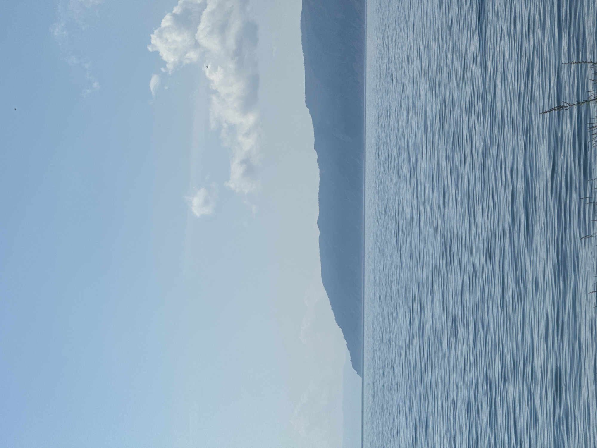 The image shows a vast body of water under a light blue sky with scattered clouds. In the distance, a silhouetted mountain range stretches across the horizon. The water exhibits gentle ripples, suggesting a calm day. A few wisps of dry grass are visible in the foreground at the bottom right of the frame. There are no people or specific structures identifiable in the scene. The overall impression is one of natural serenity. This scene could be representative of Lake Baikal as viewed from the shore in Listvyanka, Russia, given the geographical context of mountains bordering a large body of water in that region.