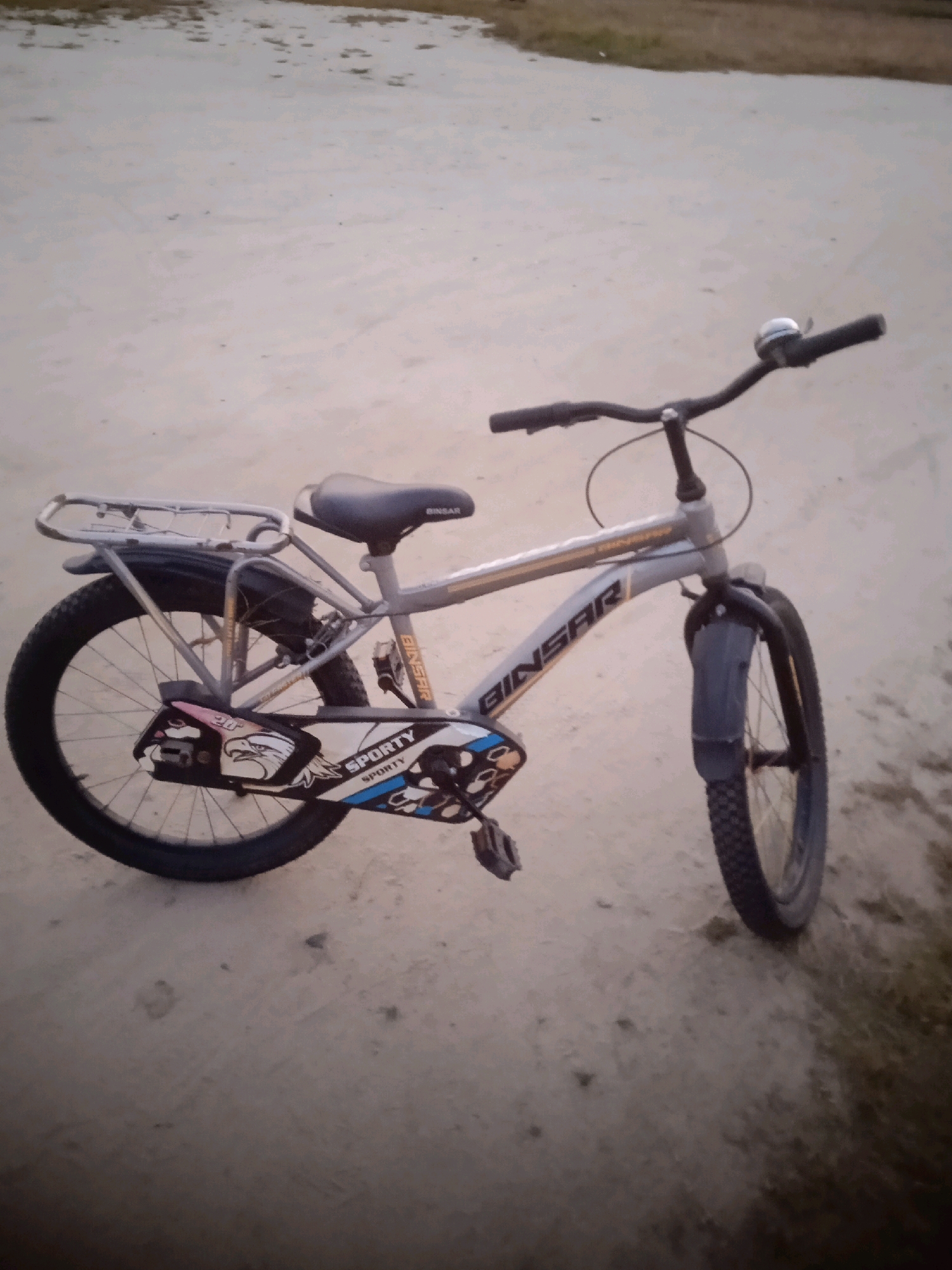 A grey bicycle with black tires and a black seat is parked on a dirt surface. The bicycle has a silver rack on the back. The word "BINSAR" is visible on the frame. The bicycle also has a sticker on the chain guard featuring an eagle and the words "SPORTY SPORTY". A silver bell is attached to the handlebars. The background consists of a dirt path and some dry vegetation. The image appears to have been taken during the daytime. The location is identified as Jalandhar, India.