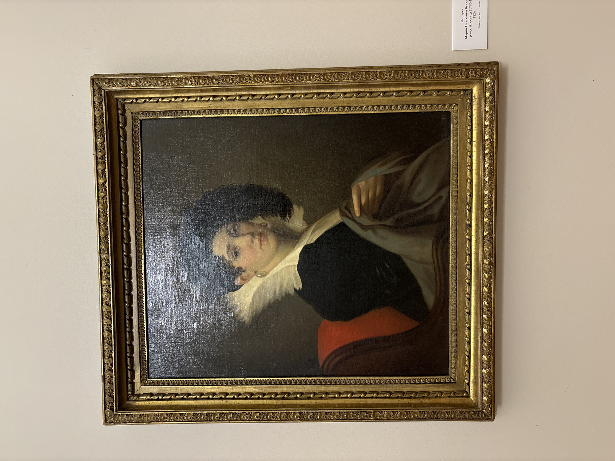 A framed portrait hangs on a beige wall. The painting depicts a woman with dark hair, fair skin, wearing a white ruffled collar, a black top, and a red skirt. She has a grey shawl draped over her arm. A tag above the portrait reads "Portrait of Maria Petrovna Stroganova, née Bulhak". The portrait is on display in the State Russian Museum in Saint Petersburg, Russia.