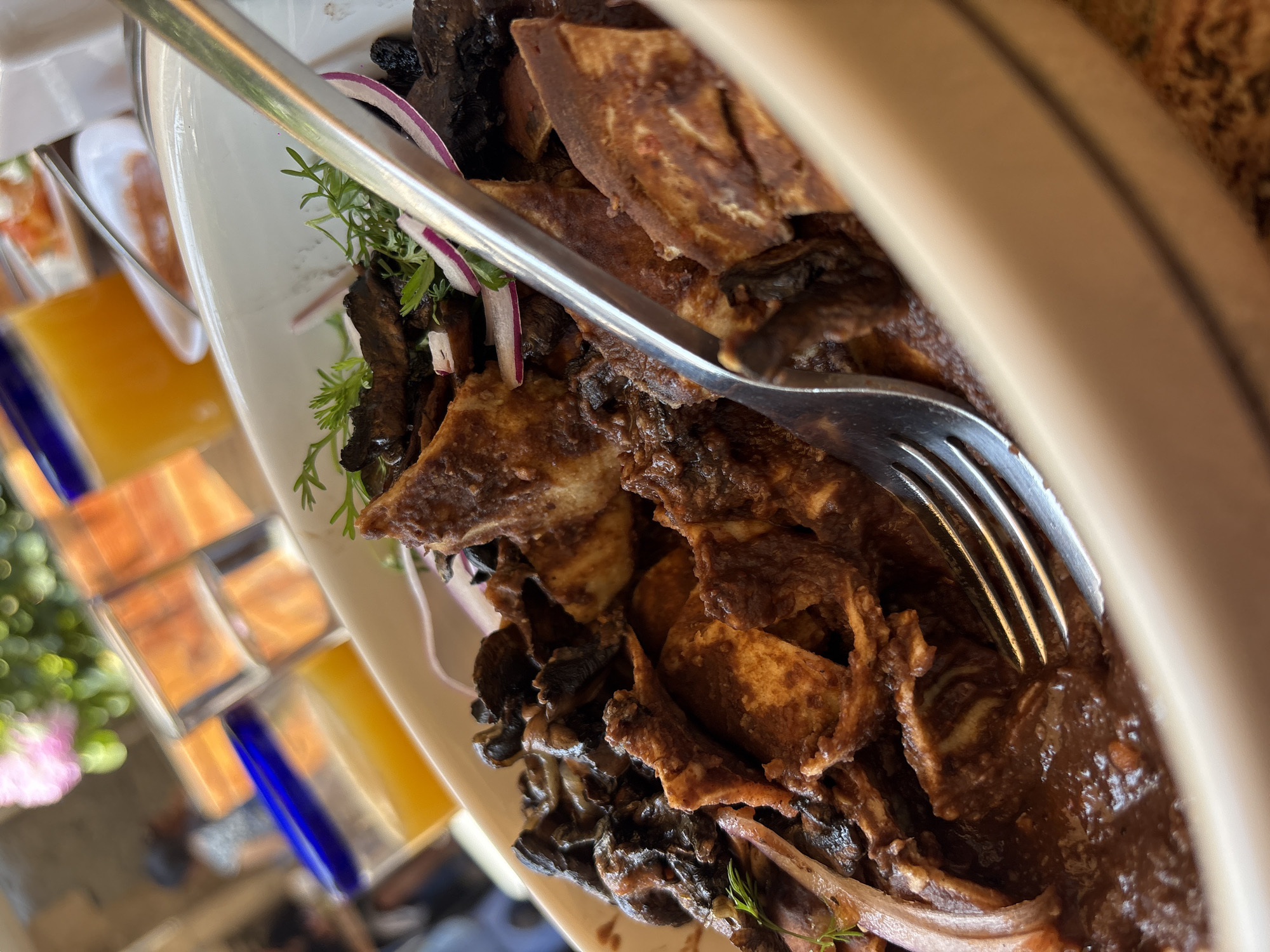 A close-up shot depicts a serving of what appears to be Mole Negro Oaxaqueño in Mexico City, Mexico. The dish, served on a light-colored plate, features fried plantain pieces, mushrooms, and a dark sauce characteristic of Oaxacan Mole Negro. A silver fork rests on top of the dish, partially obscuring the food. Garnishes include sprigs of fresh herbs and thinly sliced red onion. To the left of the plate, a glass serving dish with what appears to be sections of mango or other fruit, separated by clear plastic dividers, is partially visible. The background is blurred, suggesting an outdoor setting or restaurant with natural light. The texture of the food and the sheen of the sauce are prominent.