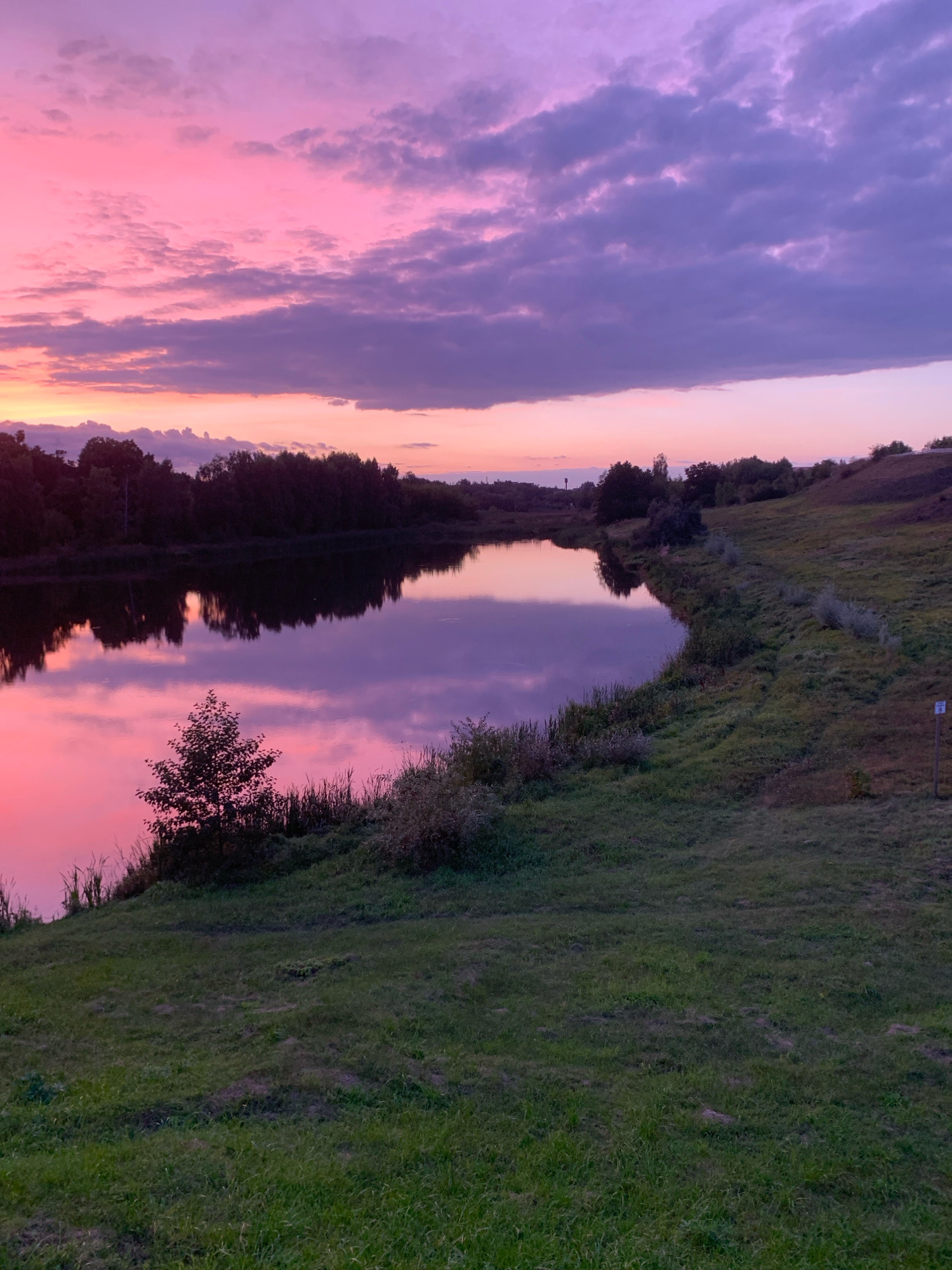 A serene lake reflects the vibrant hues of a sunset in Kapyĺ, Belarus. The sky is painted with shades of pink and purple, with scattered clouds adding texture and depth. A dense line of dark trees borders the far side of the lake, their silhouettes stark against the colorful sky. The foreground is dominated by a grassy slope that gently descends towards the water's edge. The lake's surface is calm, mirroring the sky and the trees, creating a tranquil and picturesque scene. A small, solitary tree stands near the water on the grassy bank. The overall atmosphere is peaceful and contemplative.