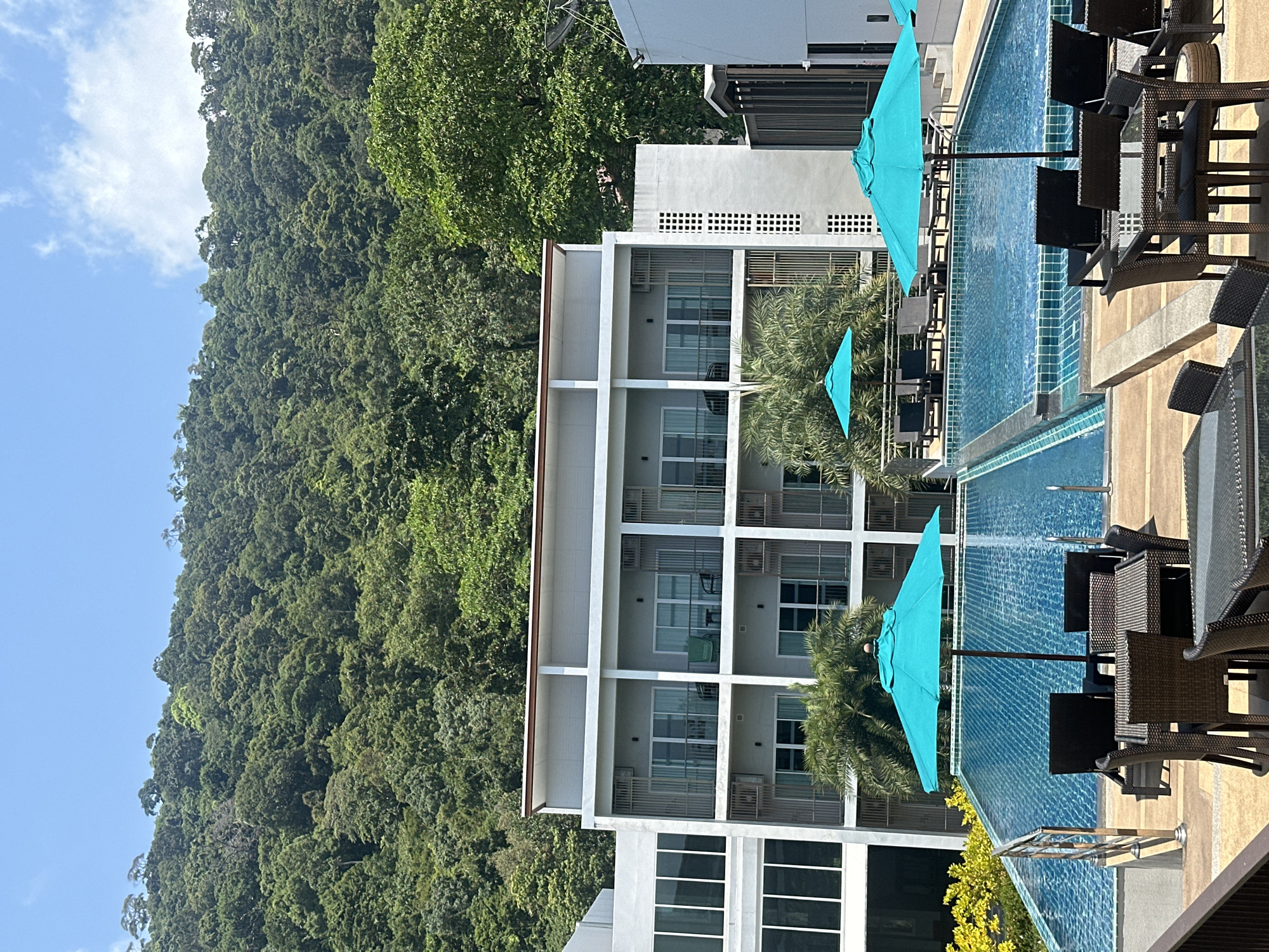 A horizontal eye-level shot reveals a multi-story resort building adjacent to a swimming pool, with a dense mountain range in the background. The resort building is white with a visible grid pattern. Each section of the grid contains windows. The swimming pool is long and narrow, running parallel to the building. Multiple teal-colored sun umbrellas are positioned next to the pool, alongside wicker-style tables and chairs. In the background, a steep mountain range is covered in dense green vegetation. The sky is light blue with a few white clouds. This scene is set in the city of Baan Klong Prao, Thailand.