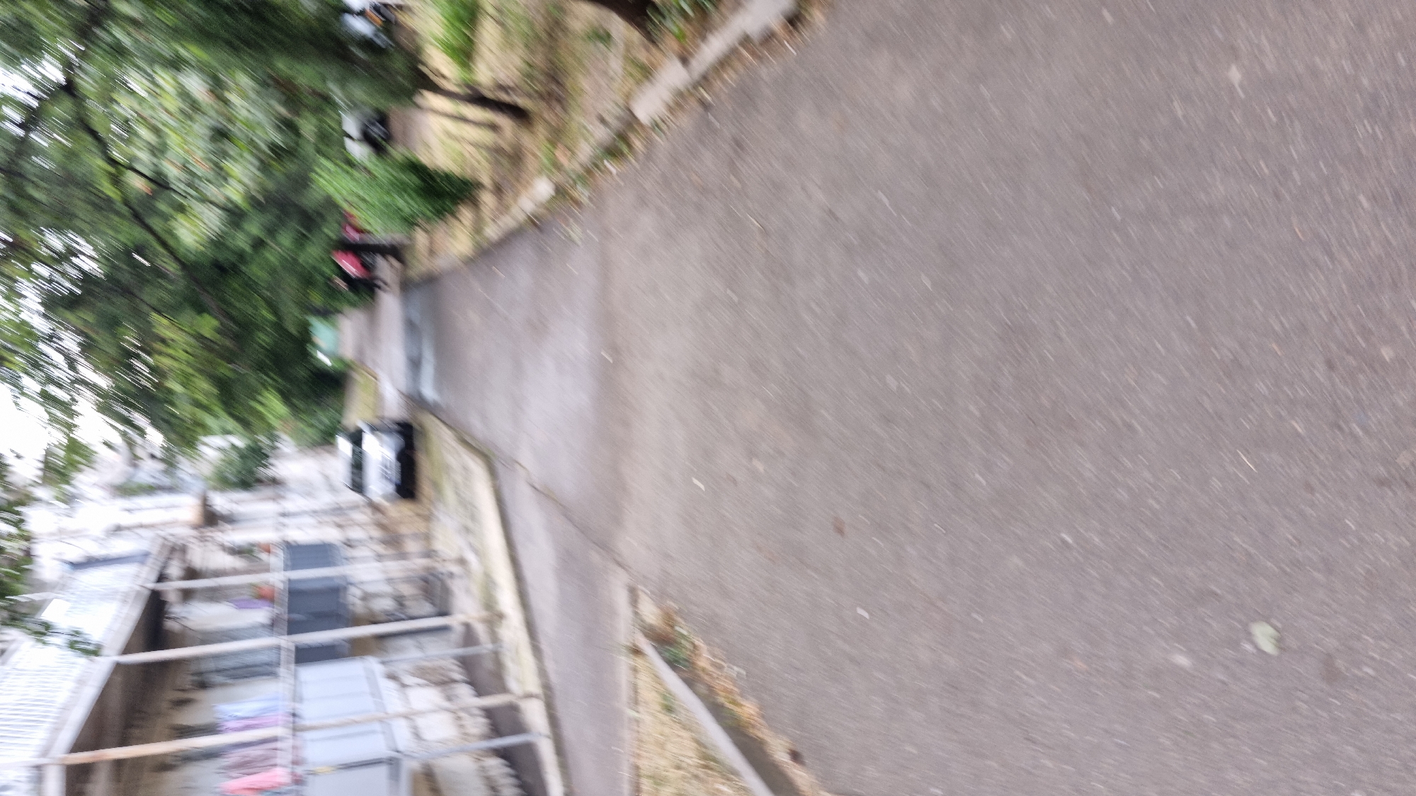 A low-angle, motion-blurred photograph depicts a paved pathway leading towards a building with balconies. A silver car is parked on the left side of the pathway, adjacent to the building. Trees with dense green foliage line the right side of the pathway, with some of the branches obscuring parts of the building. A curb separates the pathway from a grassy area on the right. The sky is overcast. The scene appears to be a residential area in Tbilisi, Georgia, possibly a courtyard or common area between apartment buildings.