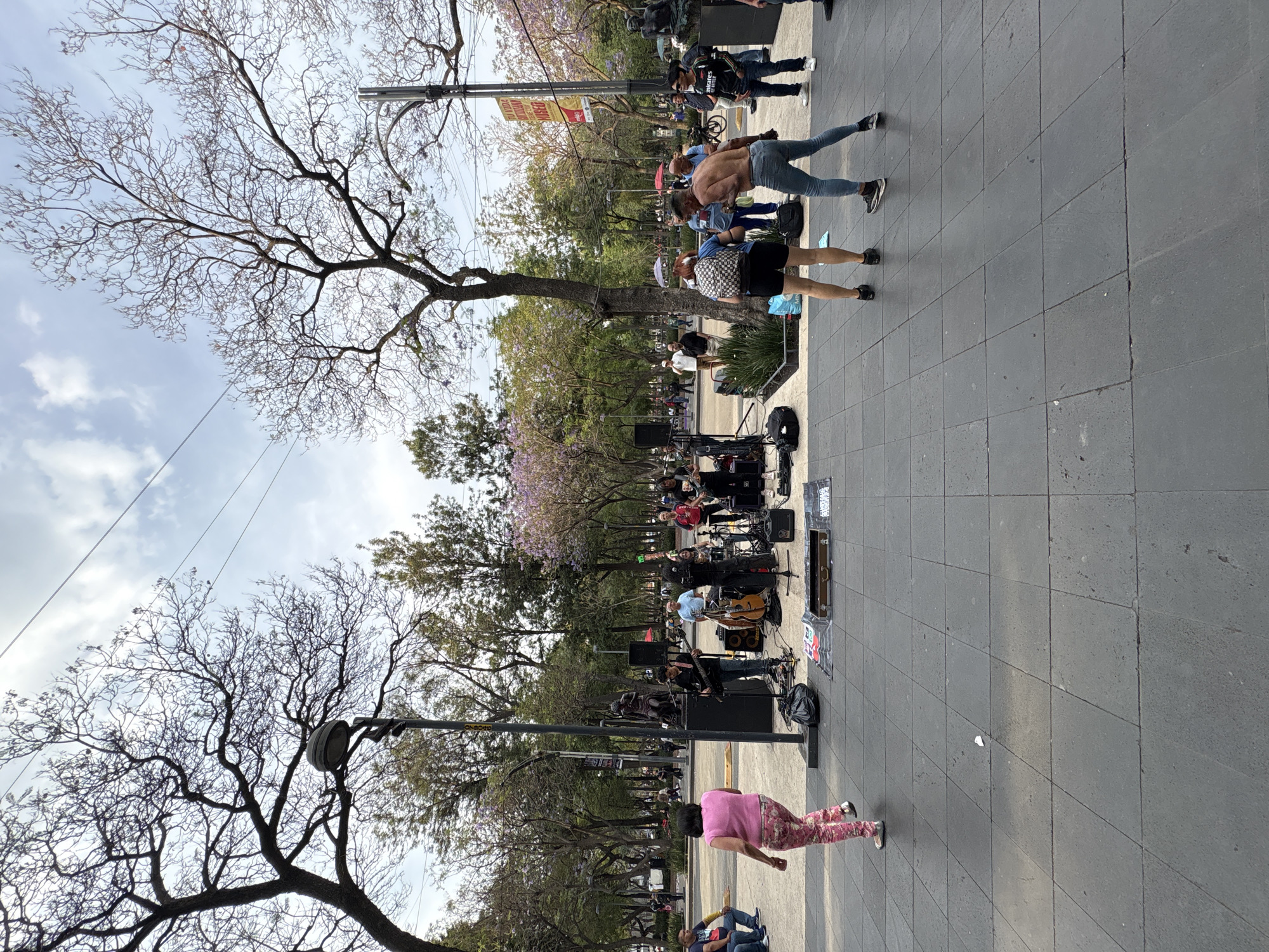 This media file captures a vibrant outdoor scene, likely a public plaza or park promenade in Mexico City, under a partly cloudy daytime sky. The image is oriented vertically but depicts a horizontally unfolding streetscape.
The scene is bustling with people and features a street band performing. In the mid-ground, a musical ensemble is set up on a paved surface, featuring a bass guitar, an acoustic guitar, drums, speakers, amplifiers, and microphone stands. Several band members and onlookers are gathered around the performance area.
On the paved walkway, various individuals are present. In the mid-ground, a shirtless man in jeans and sneakers is stretching or performing a physical activity. Closer to the foreground, a person in a pink top and patterned pants is also in an active pose. Other pedestrians are walking by or observing the street performance. To the left, a large, bare-branched tree stands prominently, while in the background, numerous trees line the pathway, some displaying distinctive purple blossoms, characteristic of Jacaranda trees found in Mexico City during spring.
Notable objects include street lamps and overhead power lines. On the ground near the band's equipment, an open case or box is visible, with the word "MEXICO" clearly legible on it, along with other unreadable text. In the background, a red and yellow sign can be seen, but its text is largely obscured, though "MIRA" might be partially visible. The overall atmosphere is relaxed and engaging, indicative of a public space offering entertainment and recreational opportunities.