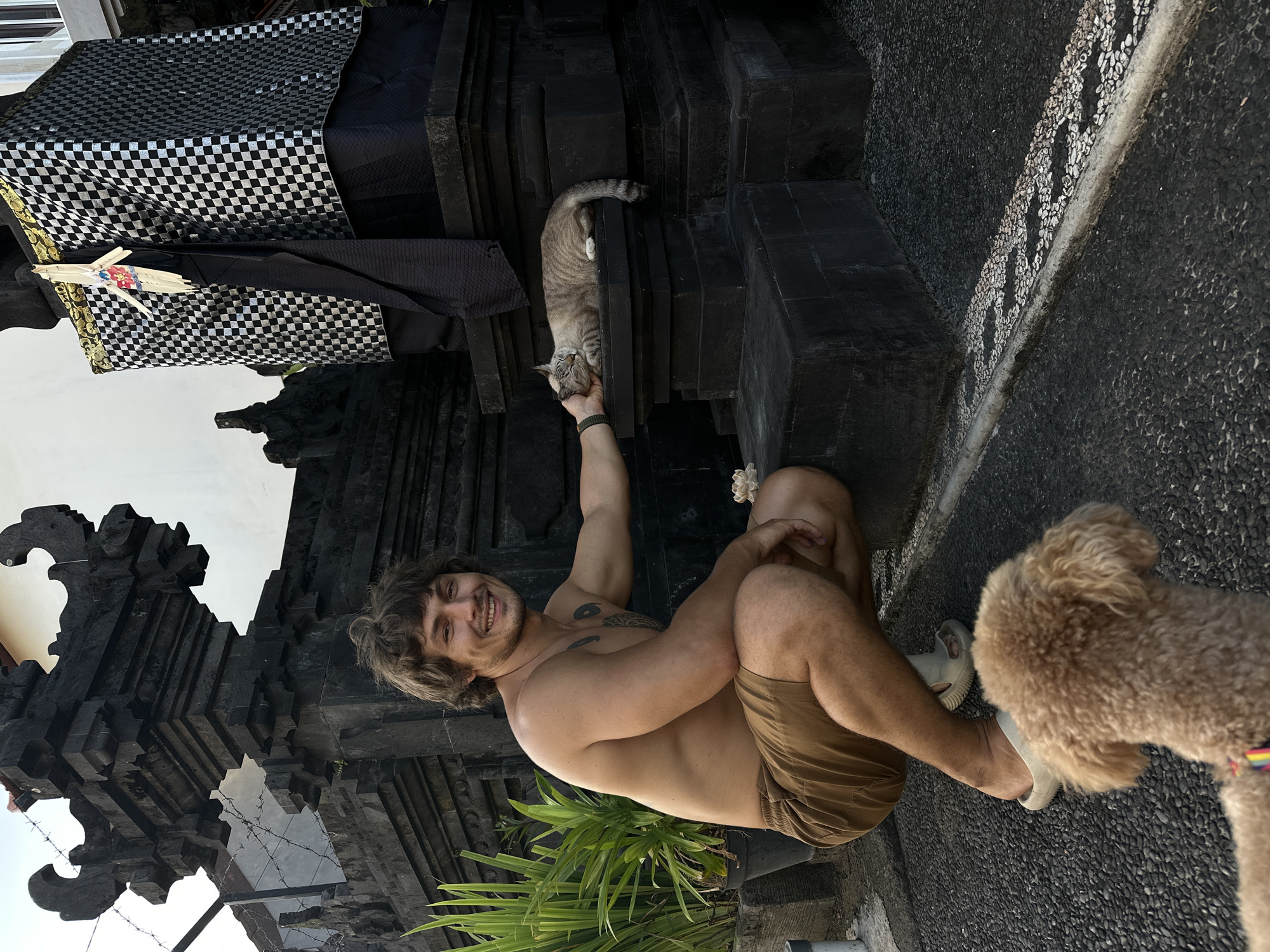 In an outdoor scene in North Kuta, Indonesia, a shirtless man with brown hair is kneeling next to a small dog, holding a grey tabby cat by its front paws above his head. The man is wearing tan shorts and off-white shoes. The cat is hanging upside down, its tail pointing upwards. Behind the man is a Balinese shrine adorned with black and white checkered fabric. The ground is made of dark pebbles with a decorative border. There are plants visible near the man, and a barbed wire fence in the distance. The sky is visible above the shrine.
