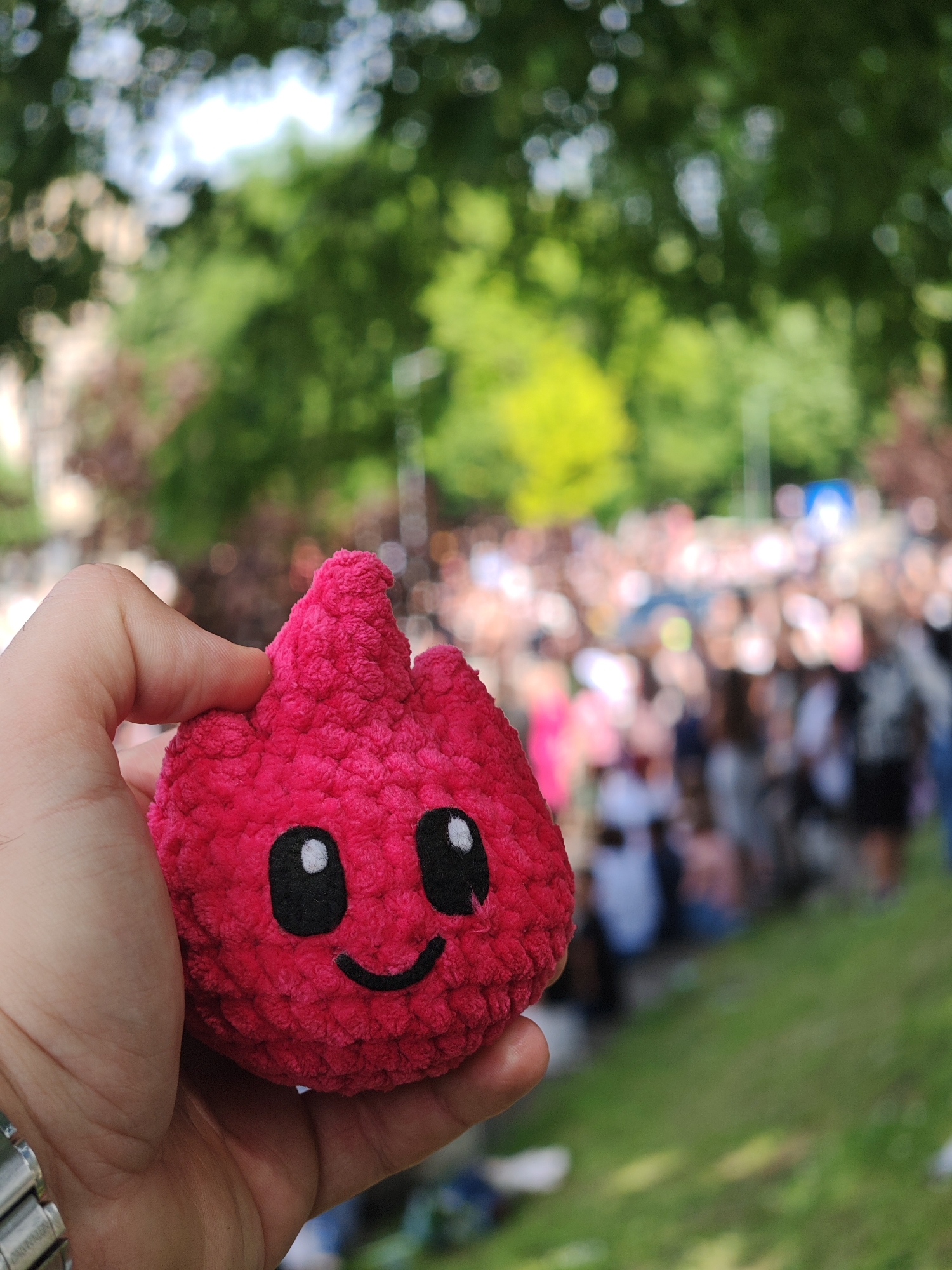 A person is holding a red, plush, toy-like object with a smiling face in their hand. The toy has a round body and what appear to be two small ears or protrusions at the top. The background is a blurry scene of many people gathered outside, with green trees and grassy ground indicating a park or public area. The presence of many individuals suggests a festival or rally or event. The location is inferred to be in the city of Shumen, Bulgaria. A watch is visible on the person's wrist. The focus of the image is clearly on the plush toy held by the person.