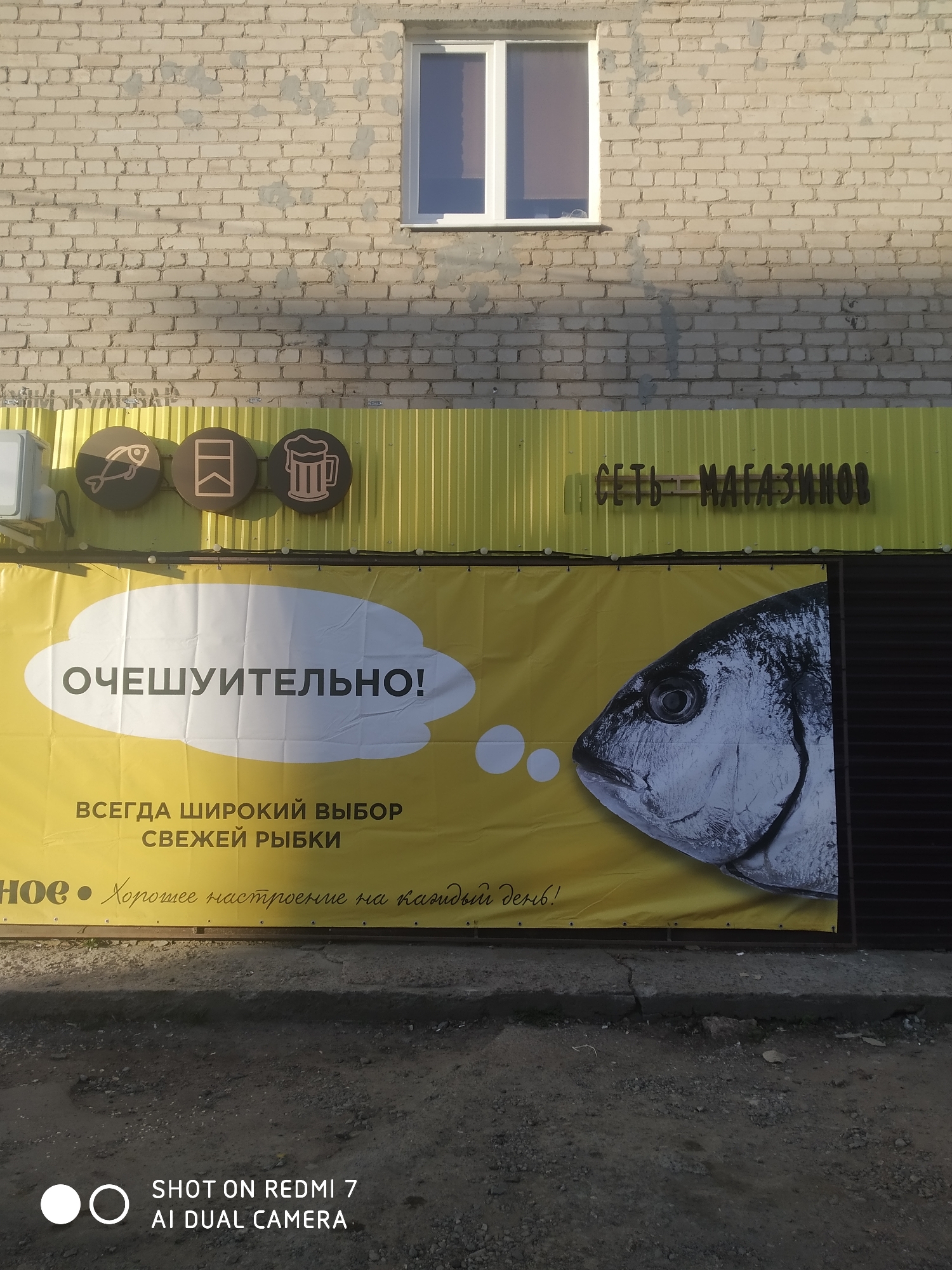 The image shows the exterior of a fish shop in the city of Chaikovsky, Russia. Above the shop's awning is a window and the shop is a brick building. The banner over the shop's awning is yellow and features a large image of a fish head and the word "ОЧЕШУИТЕЛЬНО!" which is Russian for "Fishy!". There is also other text on the banner in Russian, including the phrases "ALWAYS A WIDE SELECTION OF FRESH FISH" and "Good mood every day!". Above the banner there are three symbols which include a fish, a cigarette, and a mug of beer. There is text that says "СЕТЬ МАГАЗИНОВ" which is Russian for "Chain of Stores." The ground is a mixture of dirt, gravel, and asphalt. The camera model is a Redmi 7 AI Dual Camera, as indicated by the watermark on the image.