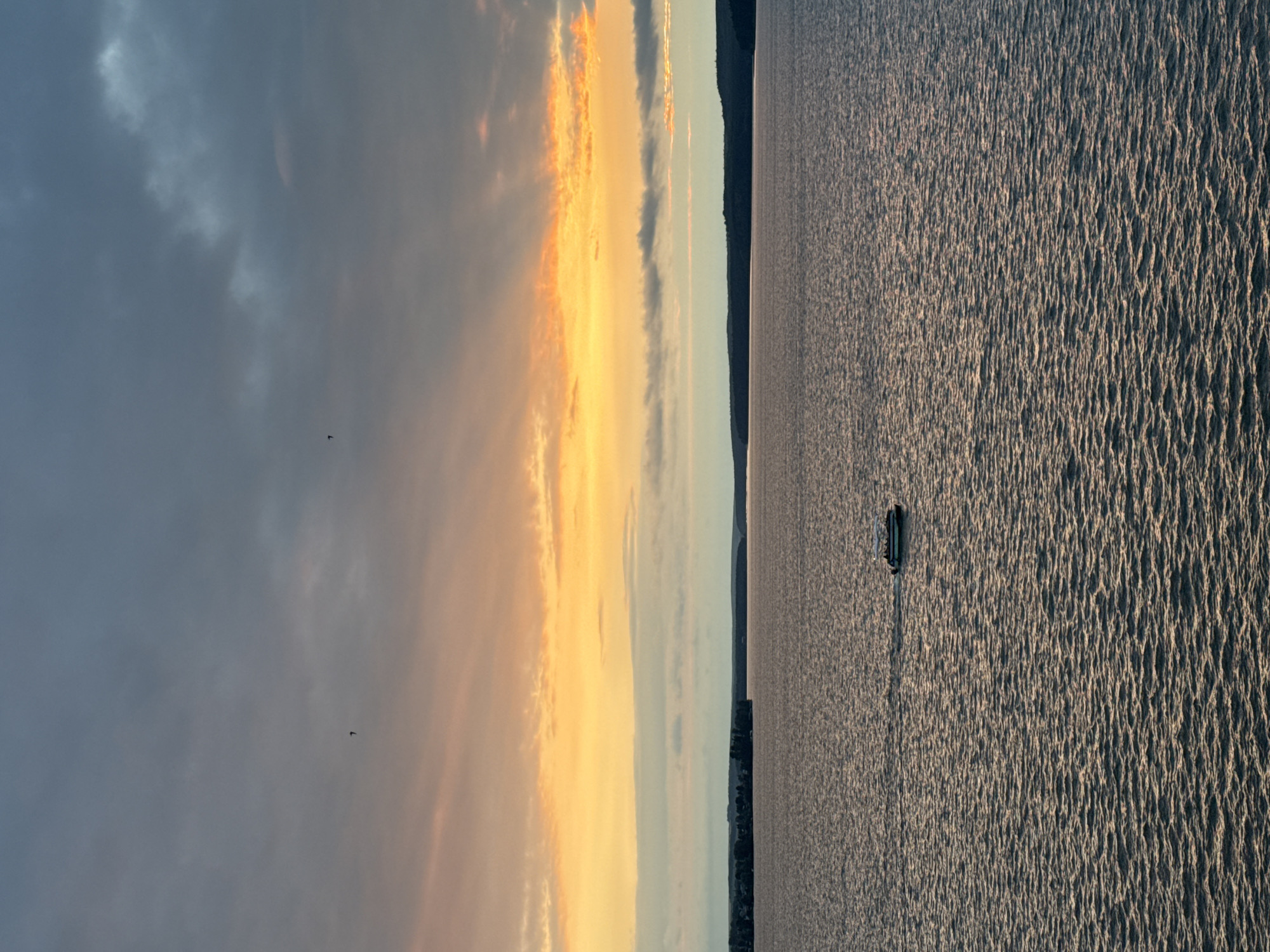 A wide shot captures a serene Votkinsk reservoir at dusk. The sky is a gradient of soft grays and warm oranges, with streaks of sunlight breaking through the clouds. In the distance, a dark, tree-lined shore stretches across the horizon. A small, white boat with an awning is cruising on the choppy, rippling water, leaving a subtle wake. Two small black dots, presumably birds, are visible in the sky.