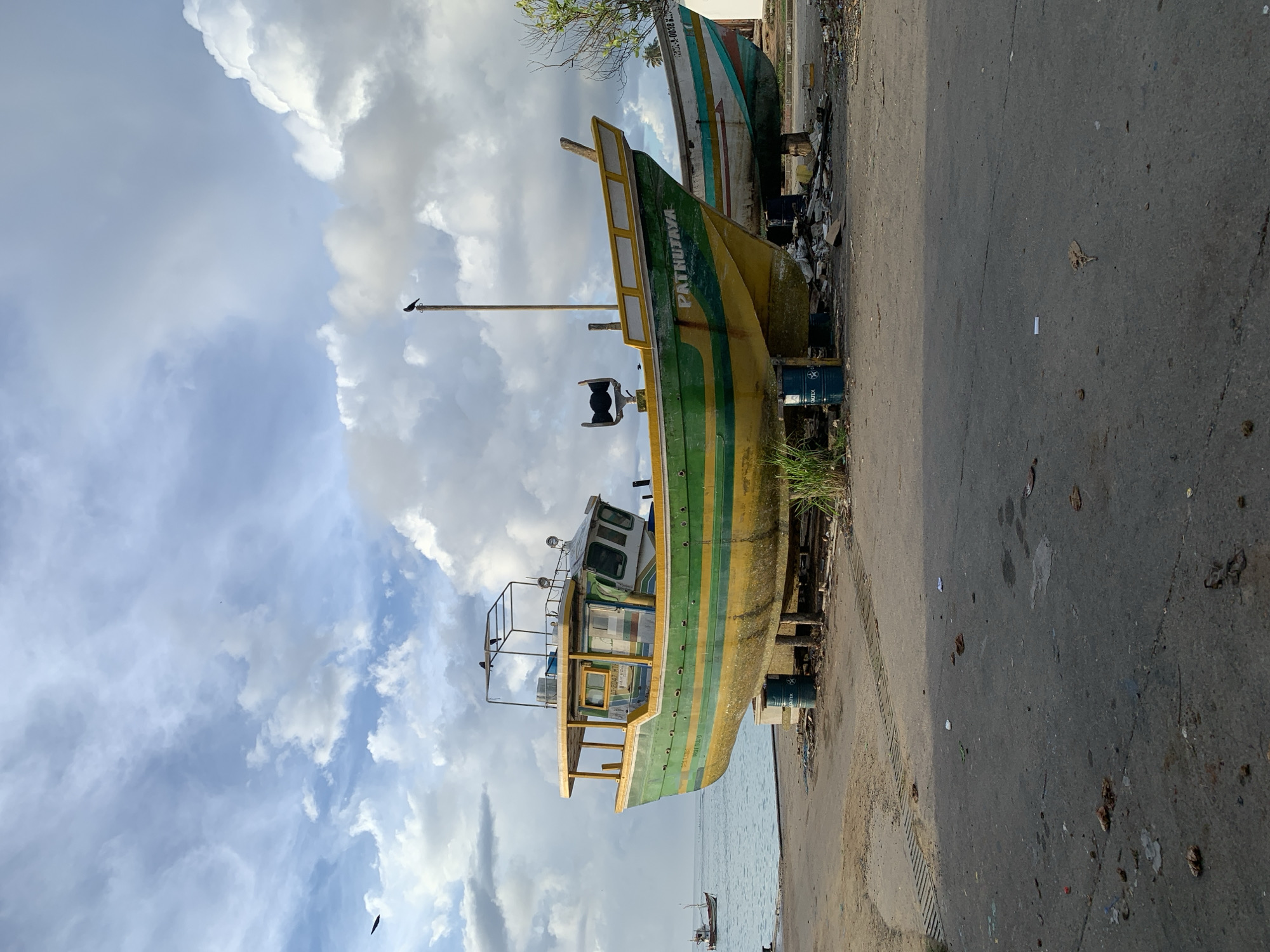 The image captures a coastal scene, likely a fishing harbor or shore in Weligama, Sri Lanka. The primary subject is a large fishing boat, predominantly yellow with thick green stripes, beached or docked on a paved surface. Its bow, displaying the name "PATHIJAYA," points upwards if the image were oriented horizontally. The boat appears weathered but sturdy, featuring a cabin, railings, and what looks like a mast with a small black bird perched on top.
Behind this boat, another, smaller vessel with green and white stripes is partially visible, also on land. The paved ground to the right is a dirty, asphalt-like surface with some debris. To the left of the main boat, calm body of water, likely the sea or a bay, stretches into the distance, with a tiny, distant boat visible on its surface.
The sky occupies the upper portion of the frame, filled with dramatic, bright white cumulus clouds against a lighter blue sky, suggesting broad daylight. Patches of green grass and some foliage from trees are visible near the boats and along the edge of the paved area. A blue barrel, possibly used as a support for the boat, bears the brand name "CALTEX." The scene is quiet, with no people visible, suggesting the boats are either in storage, awaiting repair, or temporarily out of the water.