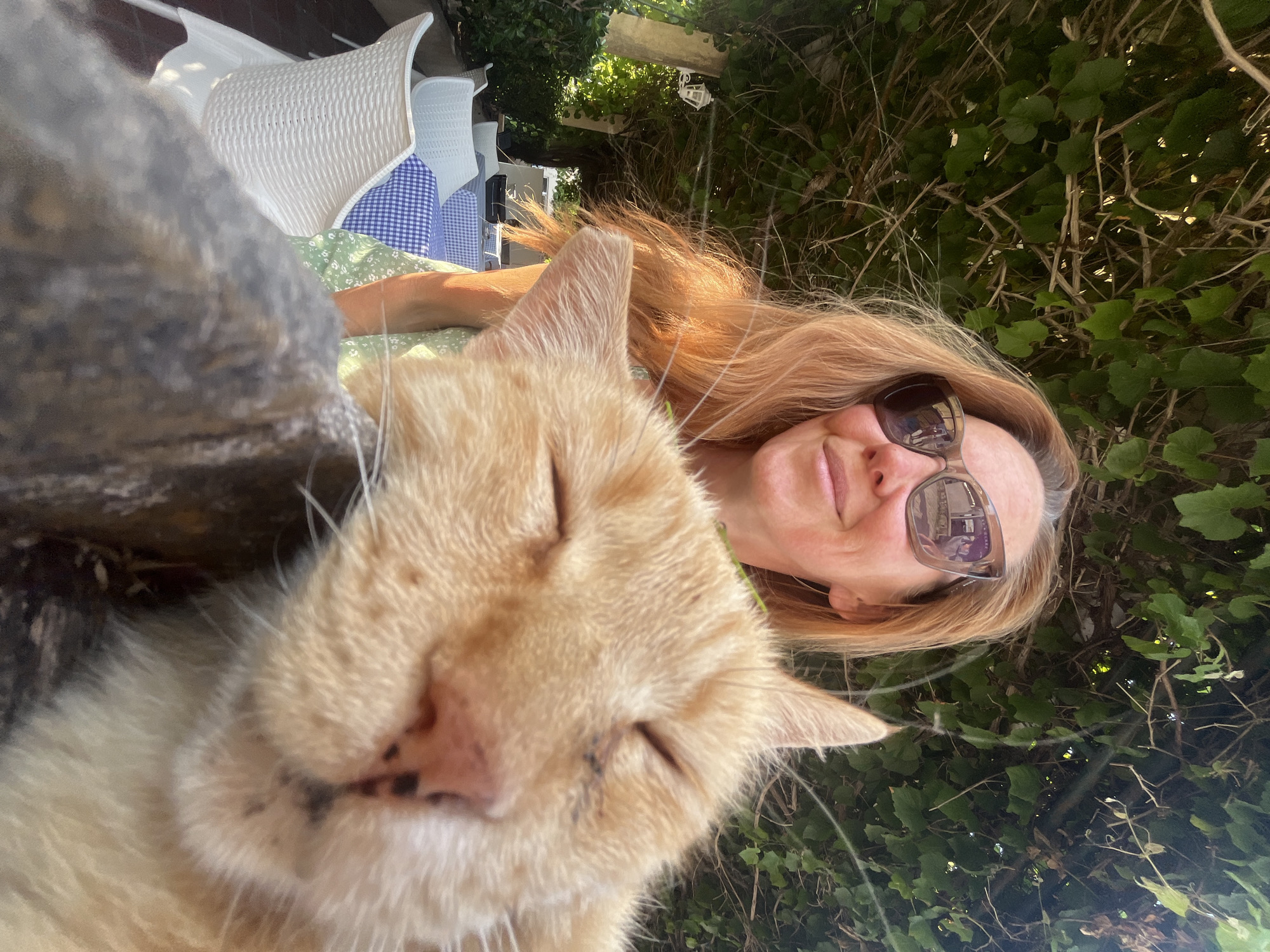 A selfie shows a woman with long blonde hair and sunglasses lying down outdoors, with an orange cat in the foreground. The cat's face is close to the camera, and it appears to be sleeping or resting. The woman is partially visible behind the cat, with her head tilted back and a smile on her face. The background consists of lush green foliage and a glimpse of white outdoor furniture, suggesting a garden or patio setting. The lighting suggests it is daytime. The image has a relaxed and affectionate tone, capturing a moment between the woman and her pet. There is no visible text in the image.