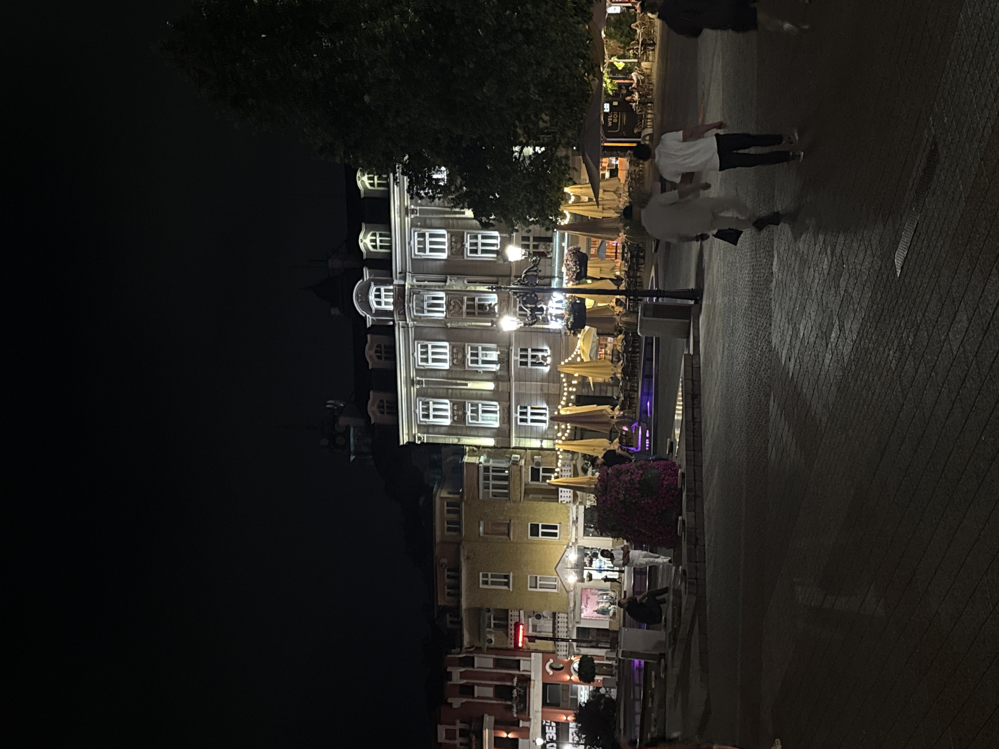 The image captures a vibrant night scene in Plovdiv, Bulgaria, likely on a pedestrian street or public square. The setting is dominated by illuminated multi-story buildings and outdoor dining areas under a dark sky.
On the left, a grand, classic-style building stands out with numerous rectangular windows glowing brightly with white light, suggesting a lively interior or a well-lit facade. Its architecture appears ornate, possibly historic. Adjacent to and in front of this building, several establishments feature outdoor seating areas with many yellow, rectangular umbrellas, tables, and chairs, all softly lit with warm yellow light. A large, dense tree with dark foliage is prominent in the upper left, partially obscuring the top of the main building.
The paved street or pedestrian walkway occupies the lower right portion of the frame, showing a textured, possibly cobblestone or tiled surface. Several people are visible; two individuals in light-colored clothing are walking away from the viewer in the mid-ground, their forms casting faint shadows on the ground. Other figures are seated at the outdoor tables, enjoying the evening. Streetlights and decorative planters with pink/purple flowers further illuminate the scene and add to the ambiance.
The overall atmosphere is one of a bustling city evening, with people out and about, enjoying the pleasant weather and the illuminated streetscape. There is a sense of activity and social gathering. A vertical sign behind one of the outdoor dining areas appears to have partially visible text, possibly "WEL BO" or similar, but it is too indistinct to read clearly.